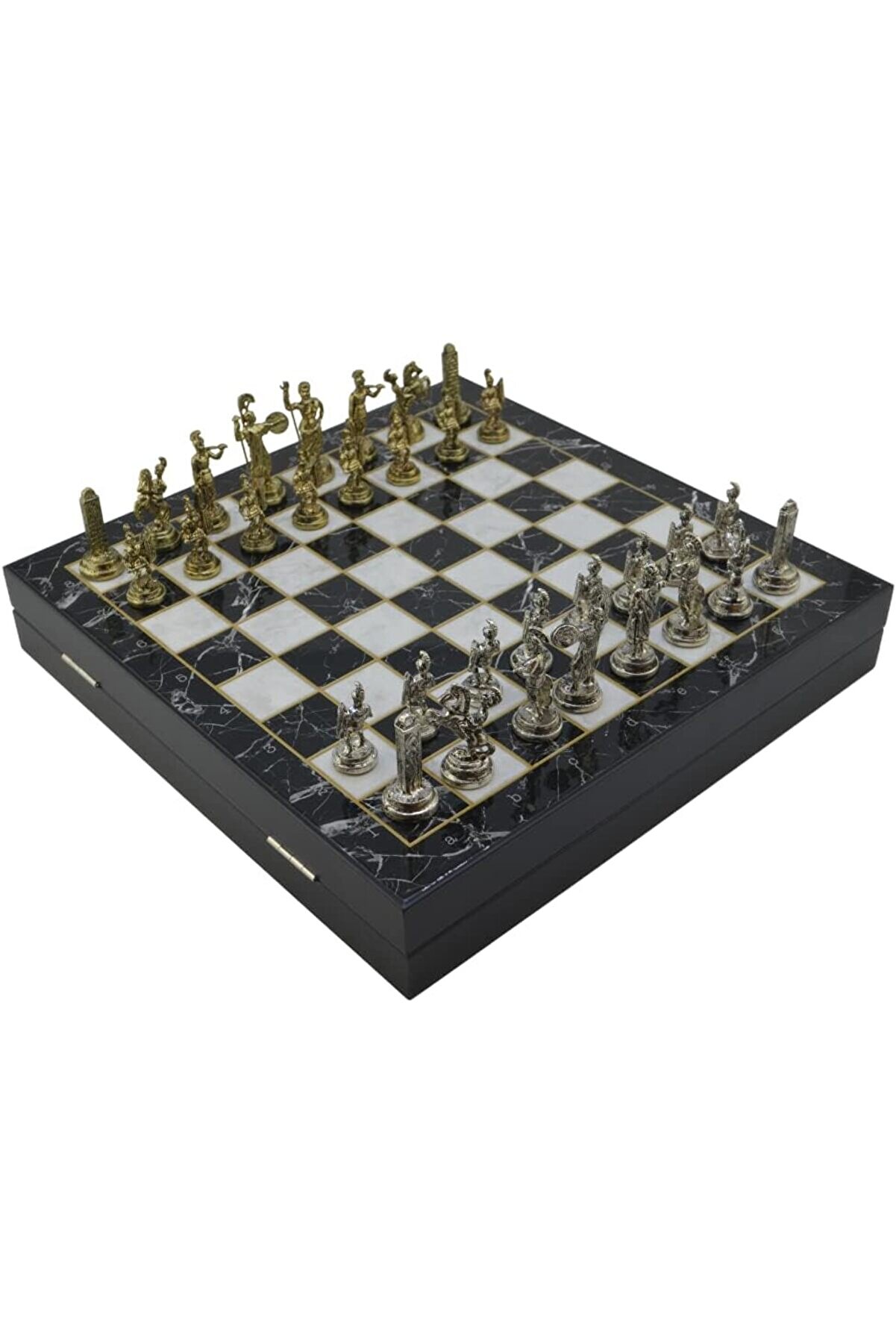 STOREMAX jptrShop Orta Boy Metal Yunan Satranç Takımı Parlak ve Mermer Desenli Sandıklı MDF Tahtası (36