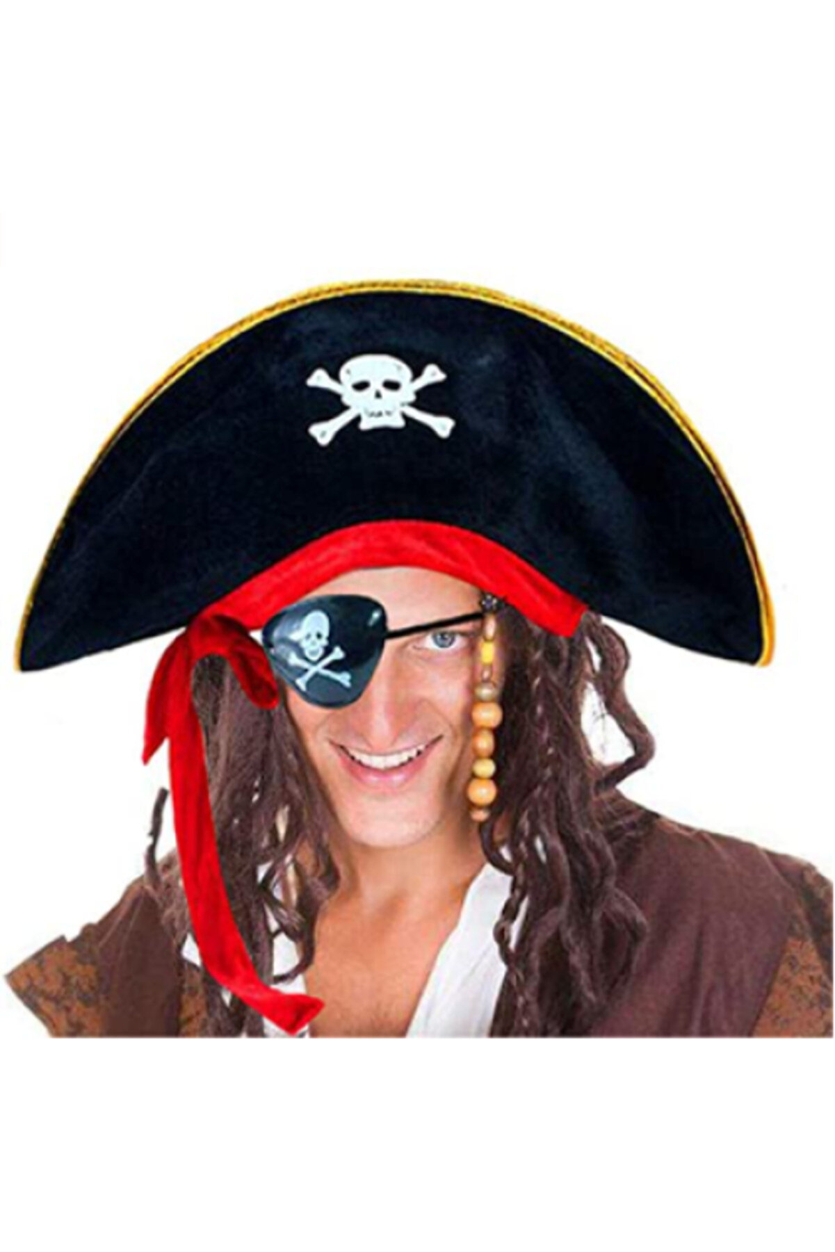 Yeti̇şki̇n Boy Kadi̇fe Kaptan Jack Sparrow Korsan Şapkası Ve Plasti̇k Korsan Göz Maskesi̇