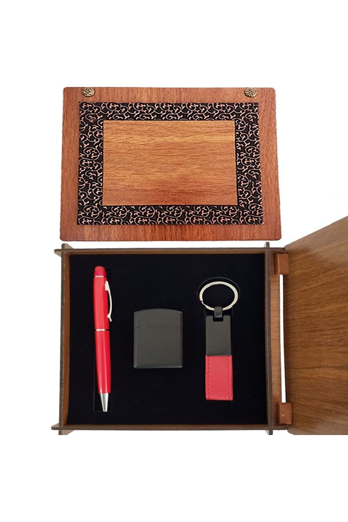 evimdeyokyok Ahşap Kutulu Kırmızı Kalem Anahtarlık ve Çakmak Set TdrTR
