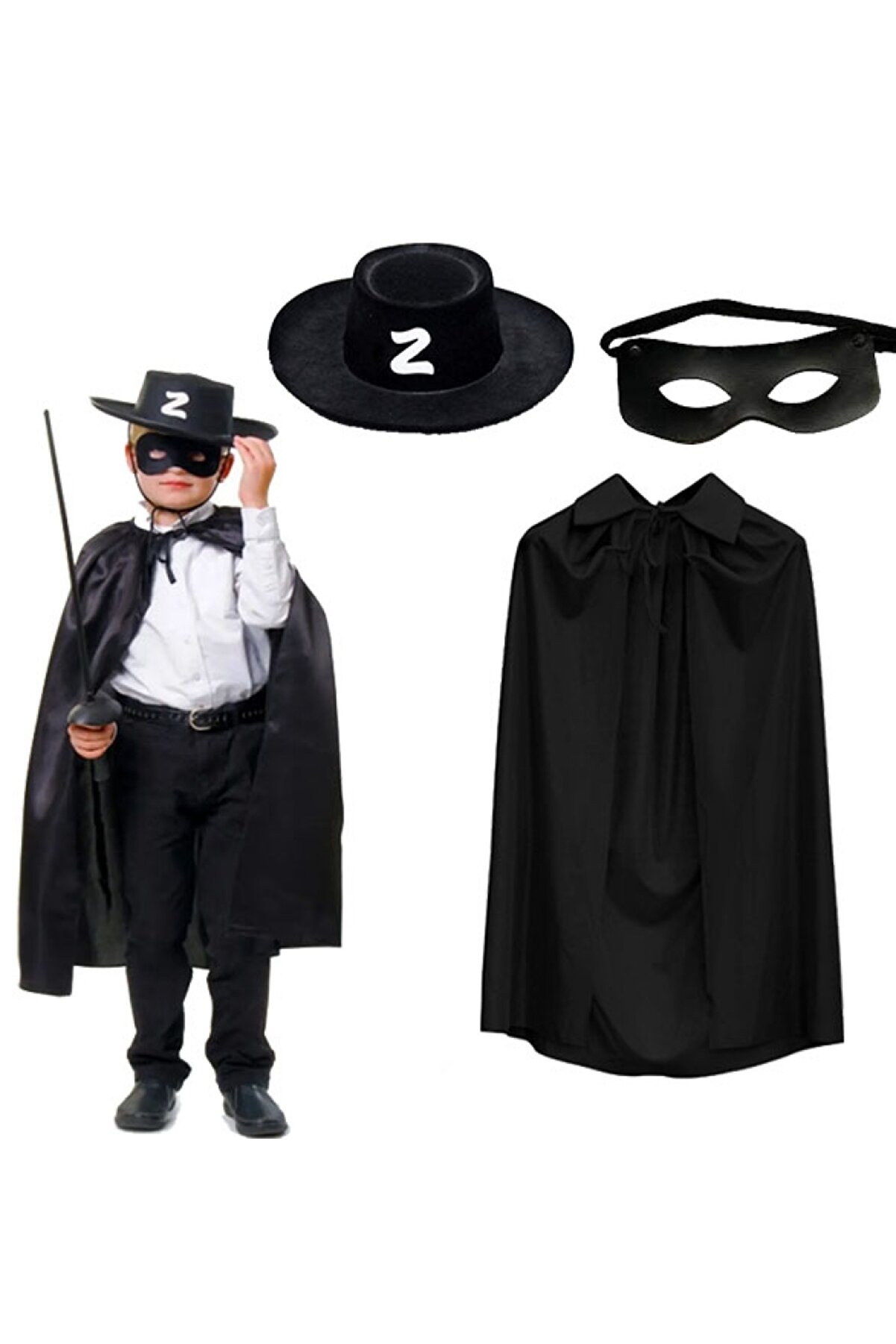 evimdeyokyok Zorro Pelerini Şapkası ve Maske Seti Çocuk Boy TdrTR