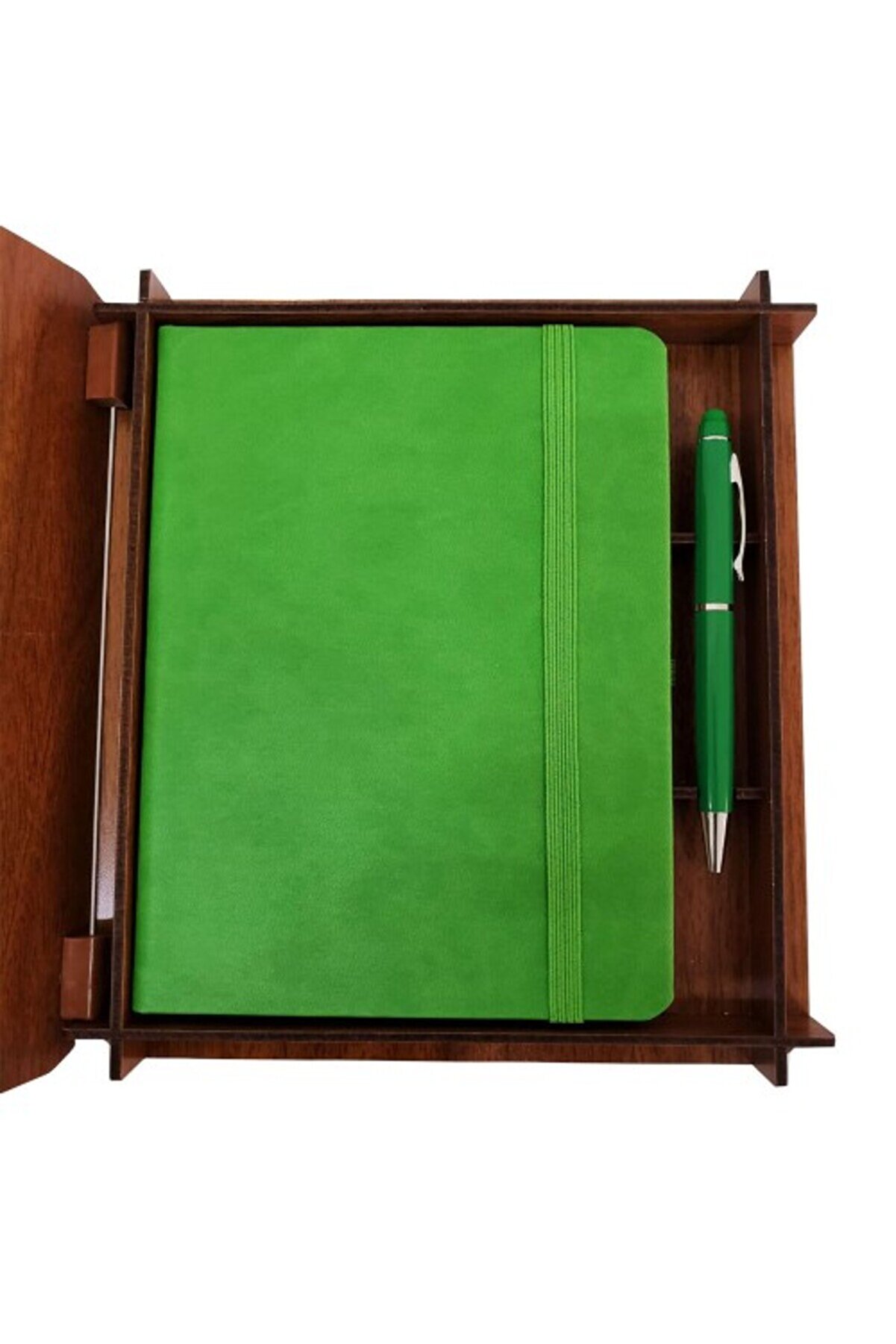 Dekorati̇f Yeşi̇l Deri̇ Kaplama Defter Ahşap Kutulu Hedi̇yeli̇k Vi̇p Set