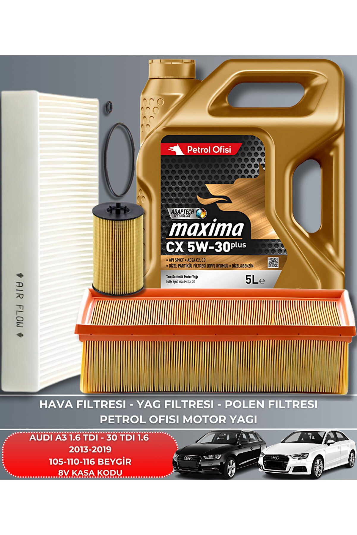 Petrol Ofisi AUDI A3 1.6 TDI 30 TDI 2013-2014-2015-2016-2017-2018-2019 105-110-116 FİLTRE YAĞ BAKIM SETİ
