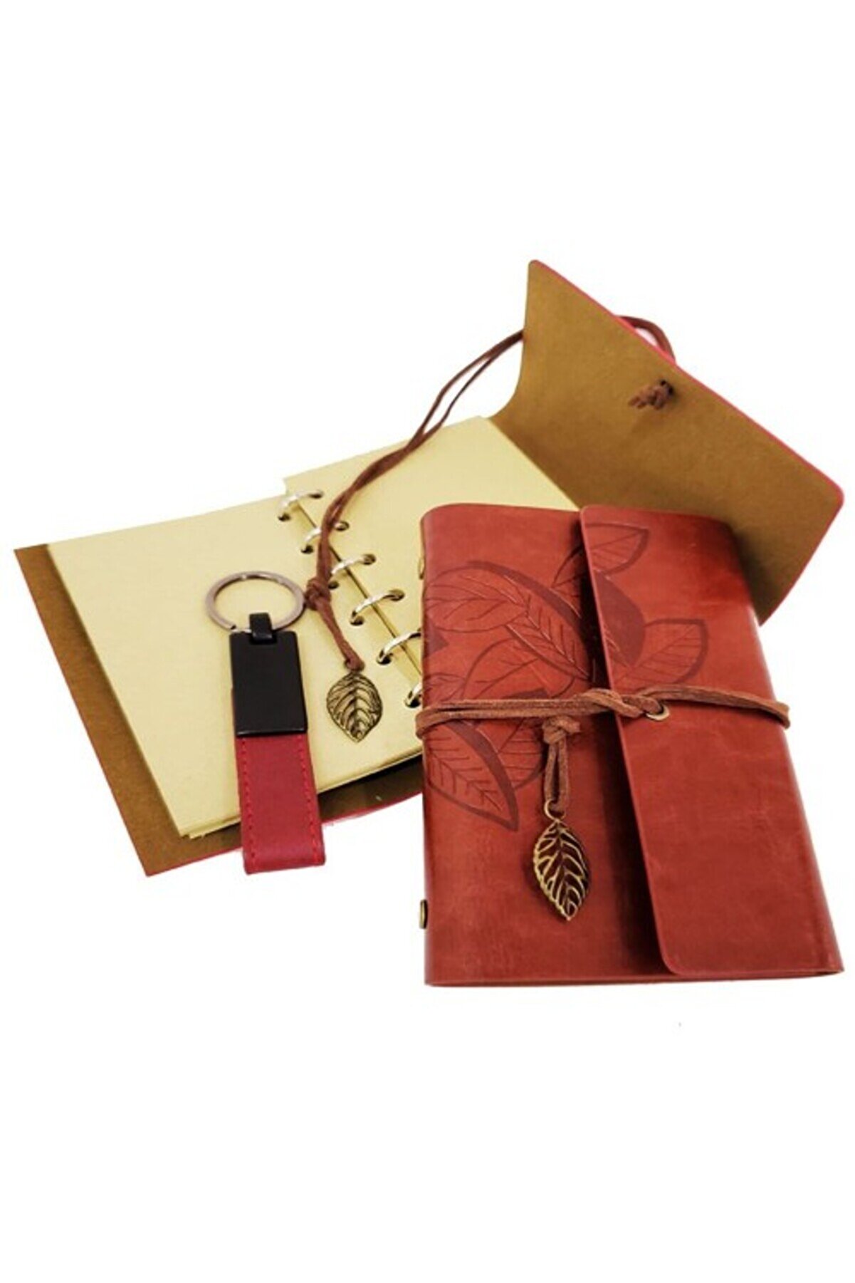 Dekorati̇f Ahşap Kutulu Kahverengi̇ Deri̇ Defter Ve Anahtarlık Set