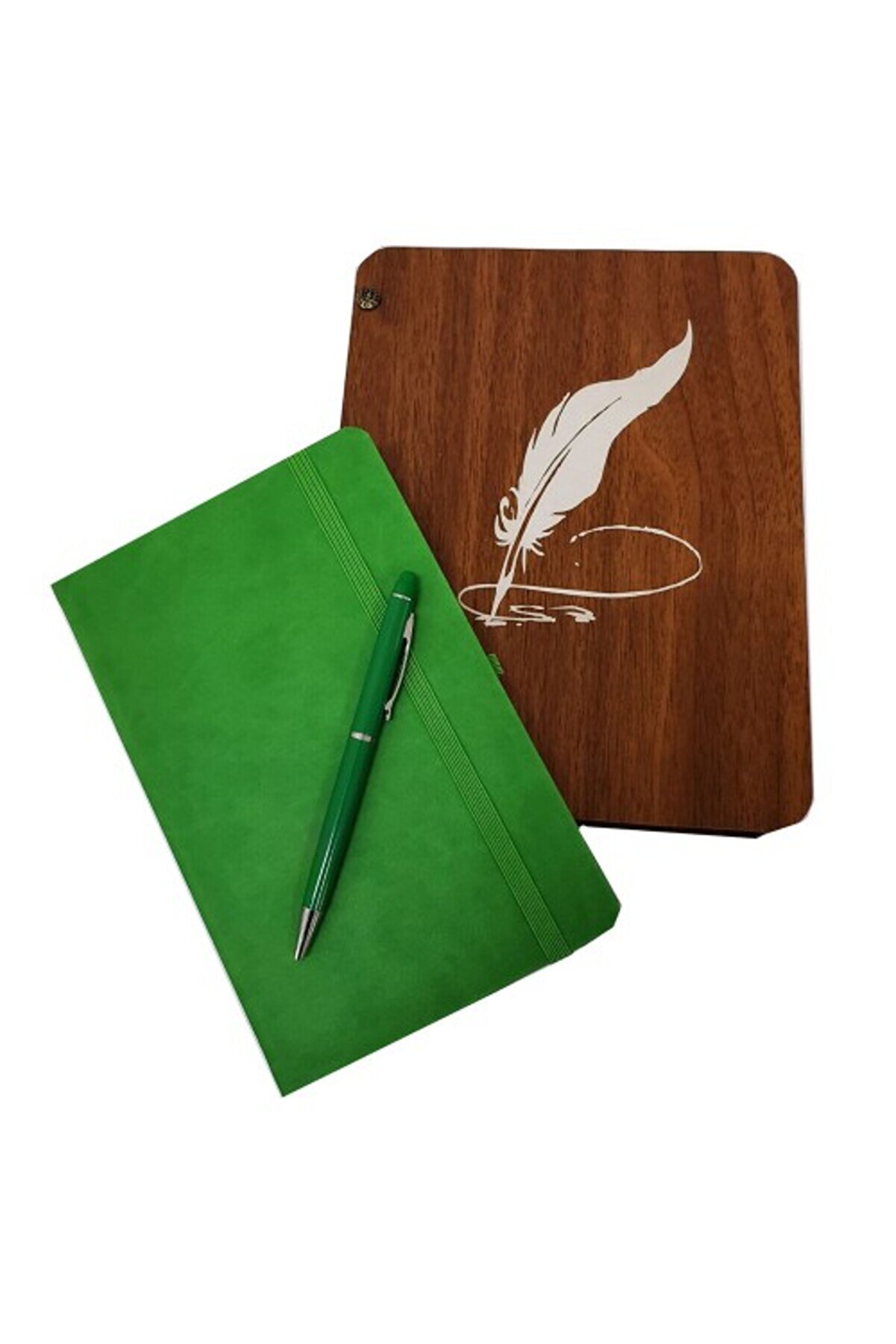 evimdeyokyok Dekoratif Yeşil Deri Kaplama Defter Ahşap Kutulu Hediyelik Vip Set