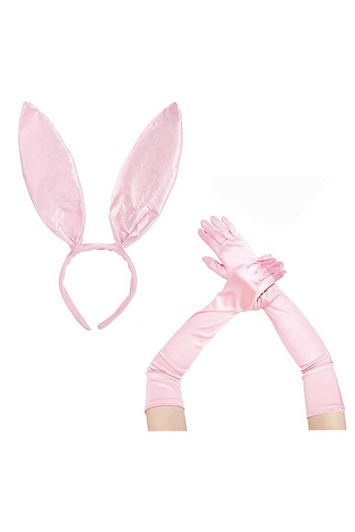 evimdeyokyok Saten Kaplama Soft Pembe Eldiven 40 cm ve Tavşan Kulak 2 li Set