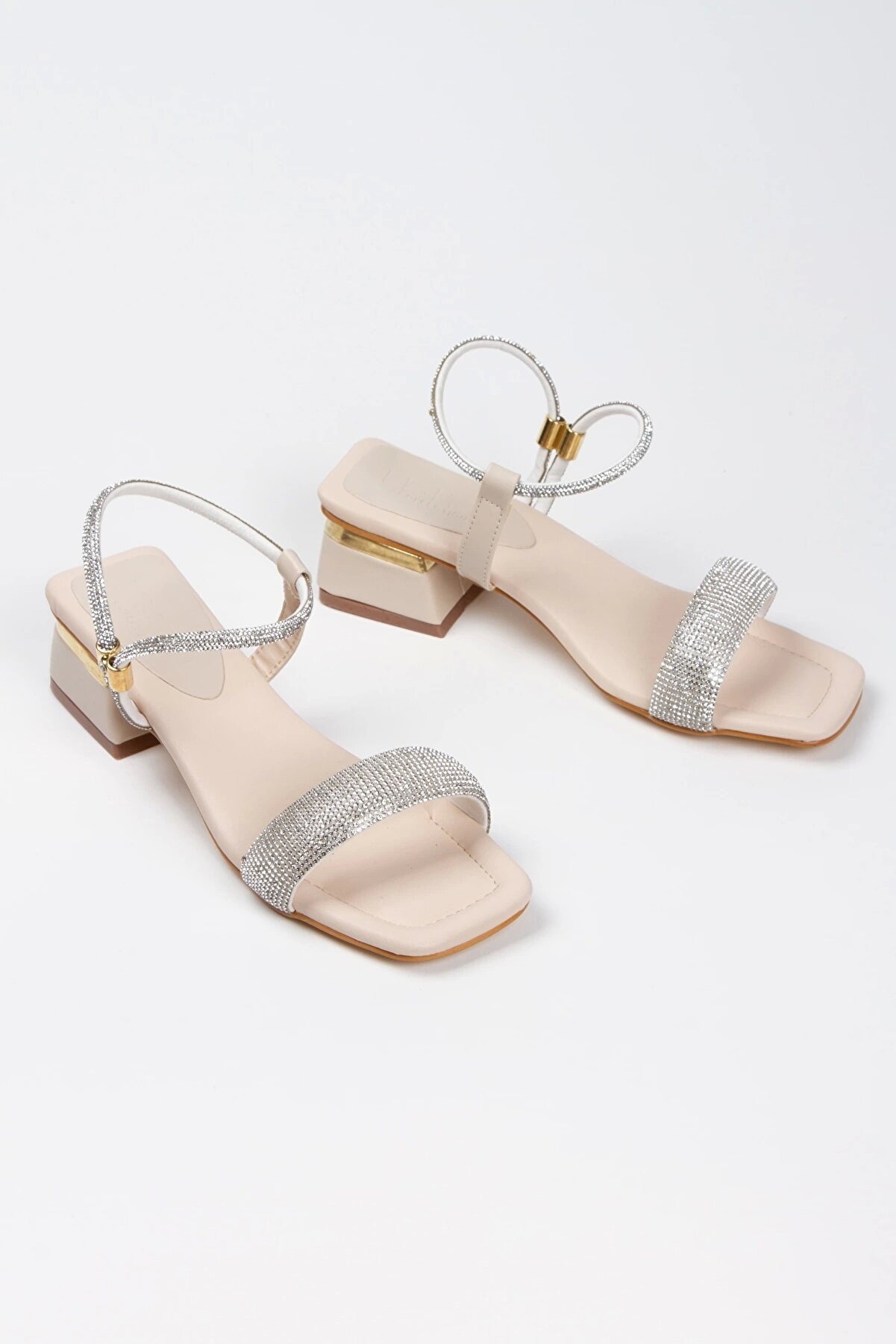 Gult Kadın Bej Taşlı Kısa Kalın Topuklu Abi̇ye Ayakkabı