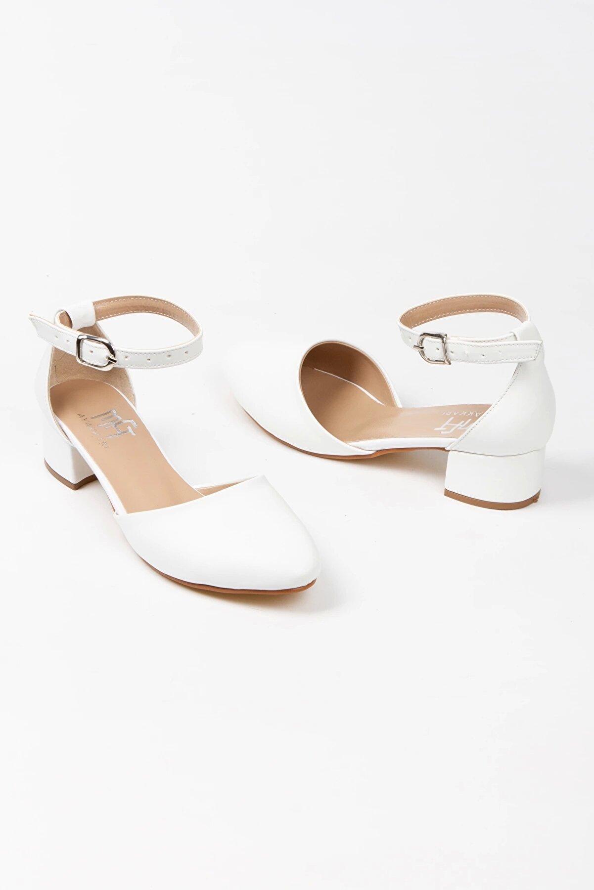 Gult Kalın Topuklu Yanı Açık Ayakkabı Ve Çanta Takımı Beyaz