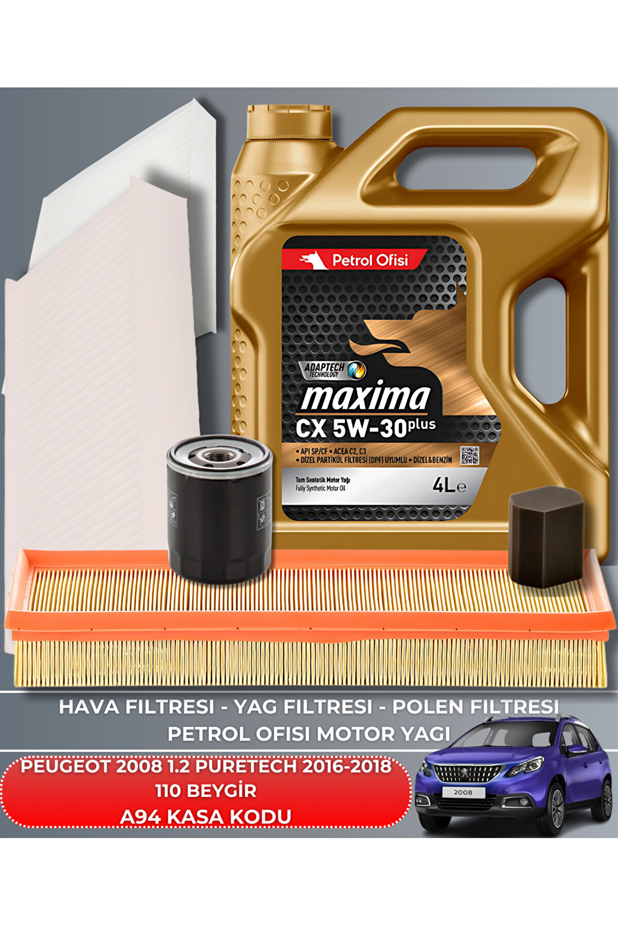 Petrol Ofisi Peugeot 2008 1.2 Puretech 2016-2017-2018 110 Beygir Filtre - Yag Bakım Seti