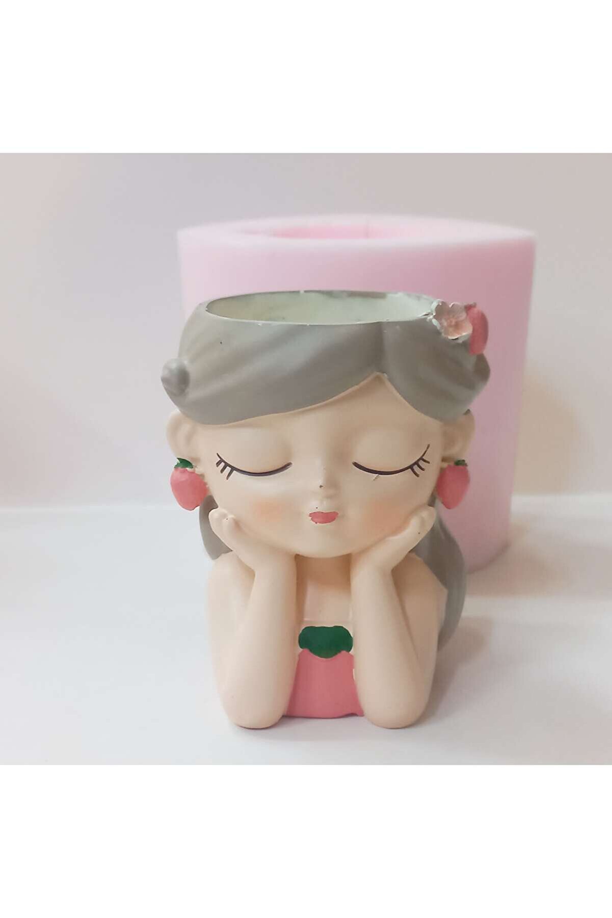 Kalıpcınızburada Çi̇lekli̇ Kız Saksı Si̇li̇kon Kalıp - K7949