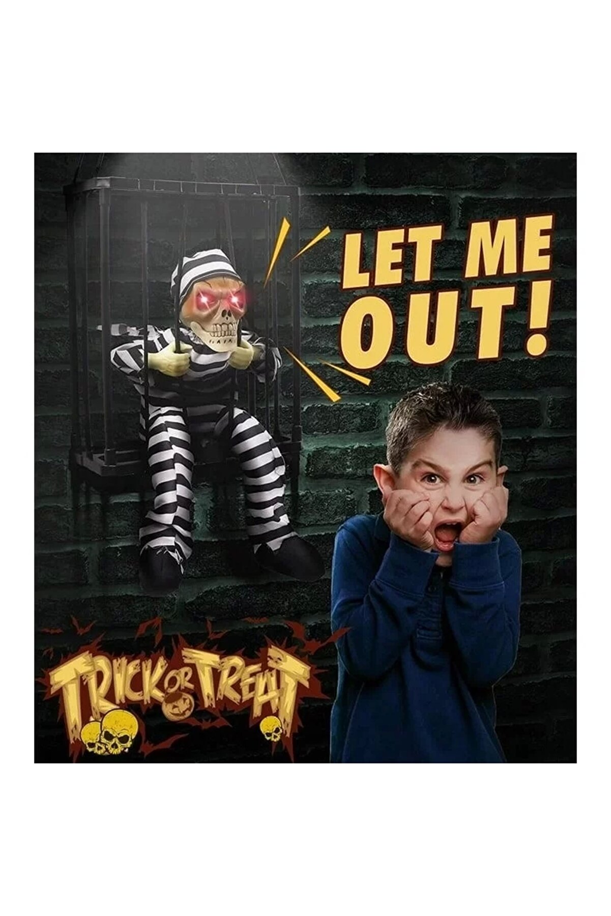 Hareketli̇ Sesli̇ Sensörlü Mahkum Görünümlü Kuru Kafa İskelet Dekorasyon 22X27 Cm