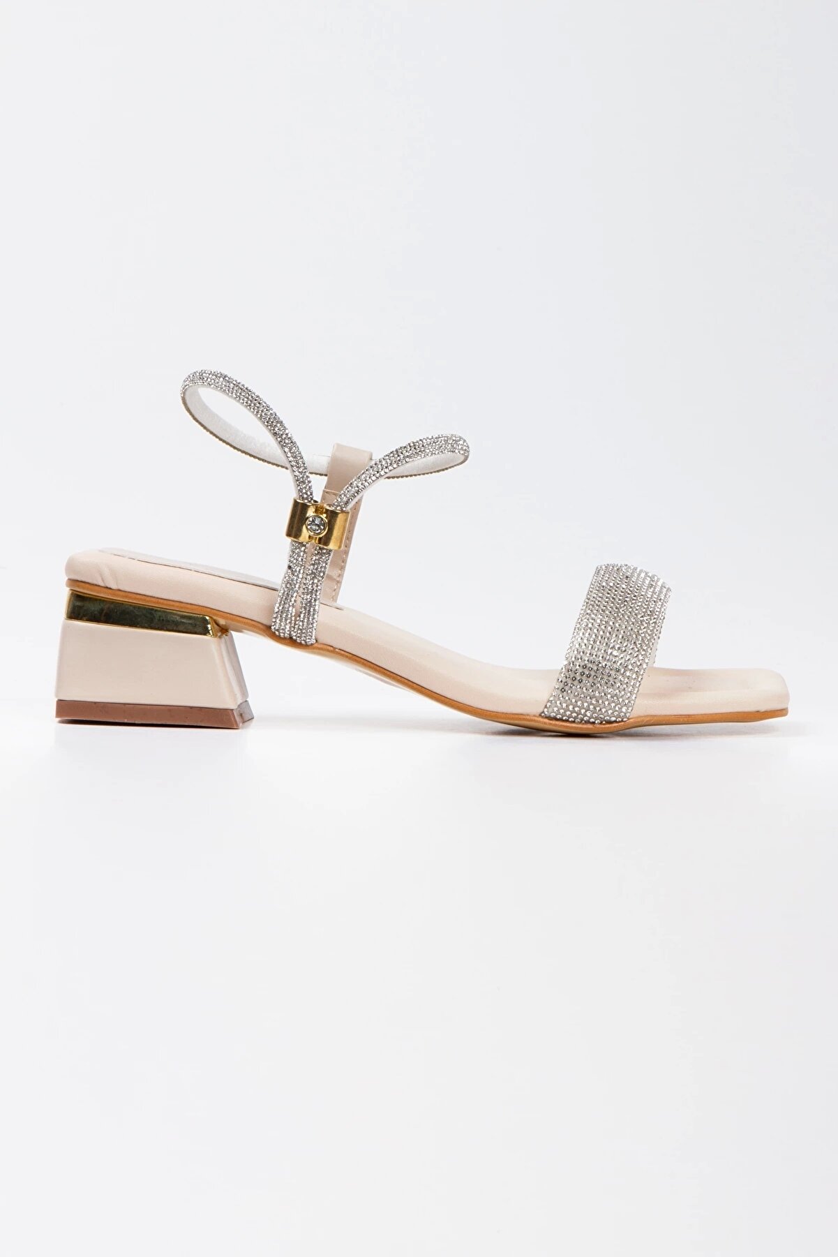 Gult Kadın Bej Taşlı Kısa Kalın Topuklu Abi̇ye Ayakkabı