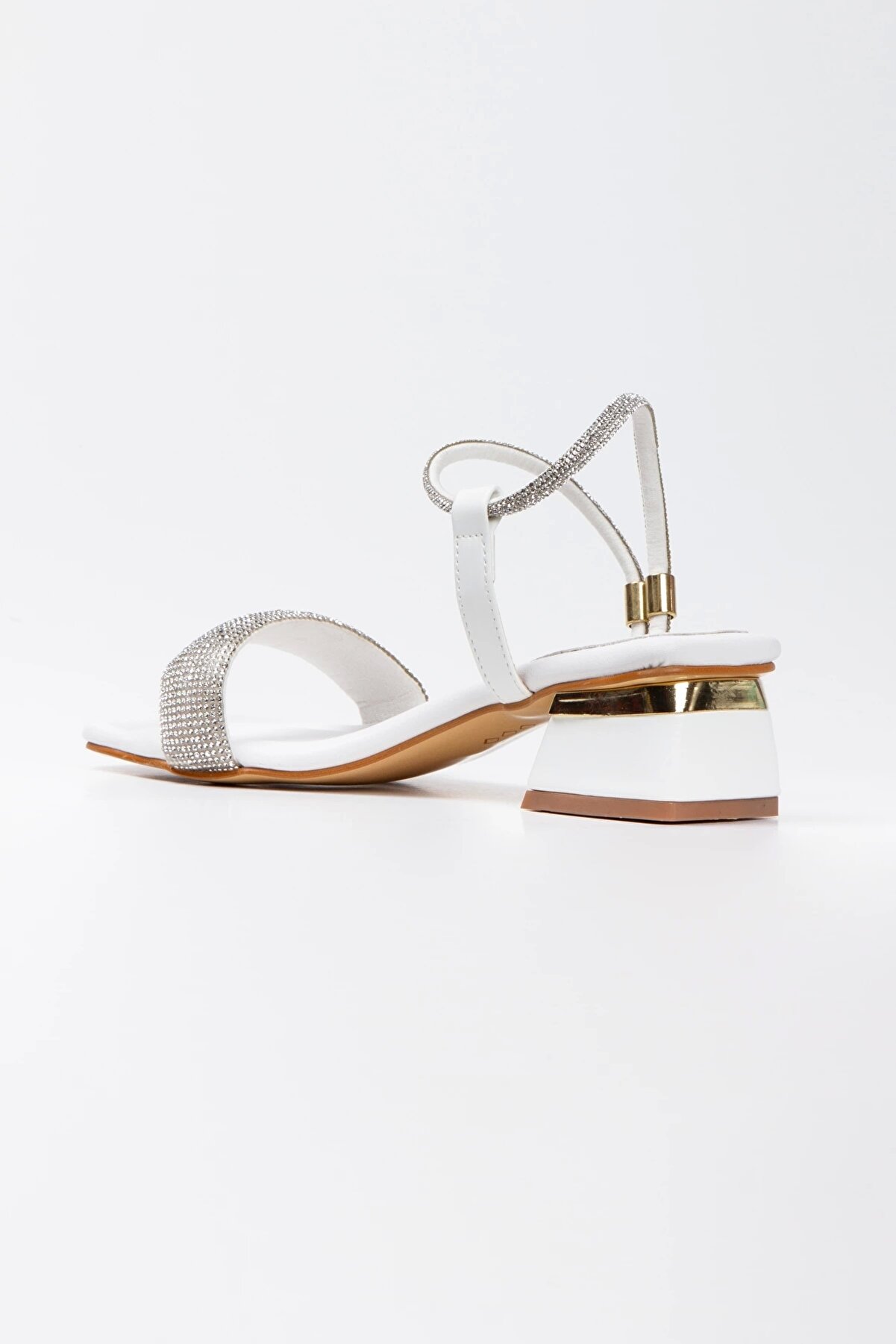 Gult Kadın Beyaz Taşlı Kısa Kalın Topuklu Abi̇ye Ayakkabı