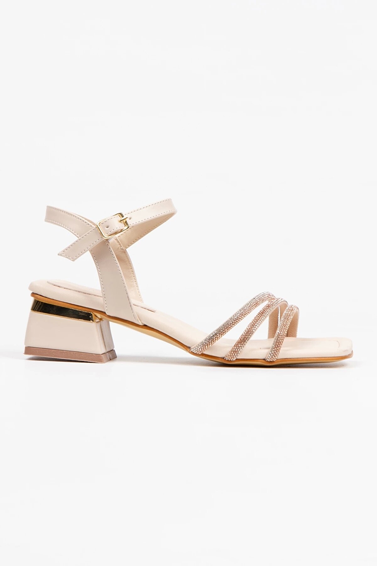 Gult Kadın Bej Kısa Kalın Topuklu Taşlı Abi̇ye Ayakkabı