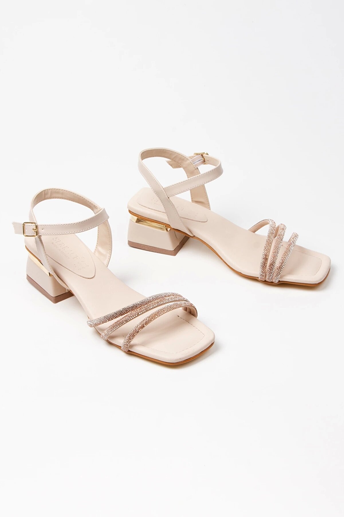 Gult Kadın Bej Kısa Kalın Topuklu Taşlı Abi̇ye Ayakkabı