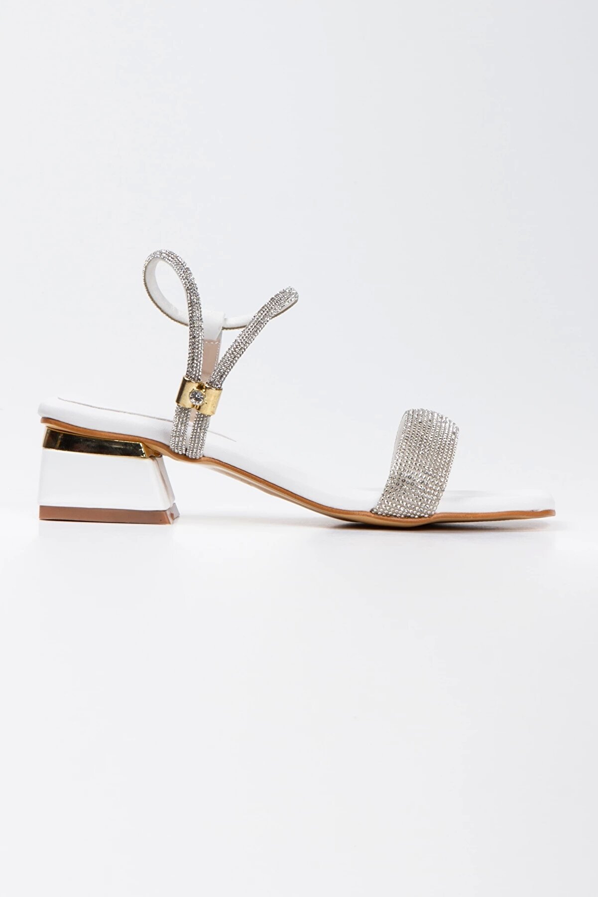 Gult Kadın Beyaz Taşlı Kısa Kalın Topuklu Abi̇ye Ayakkabı