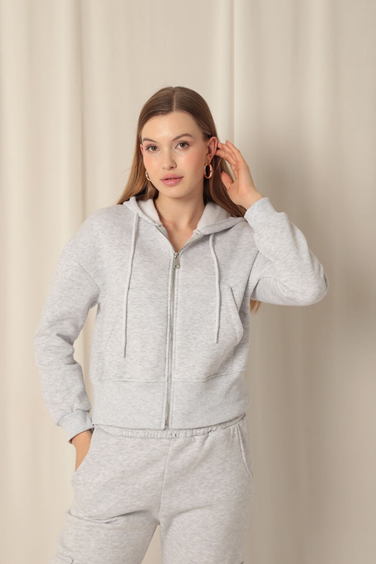 Keops &Uuml;&ccedil; İpli̇k Fermuarlı Kap&uuml;şonlu Kısa A&ccedil;ık Gri̇ Sweat