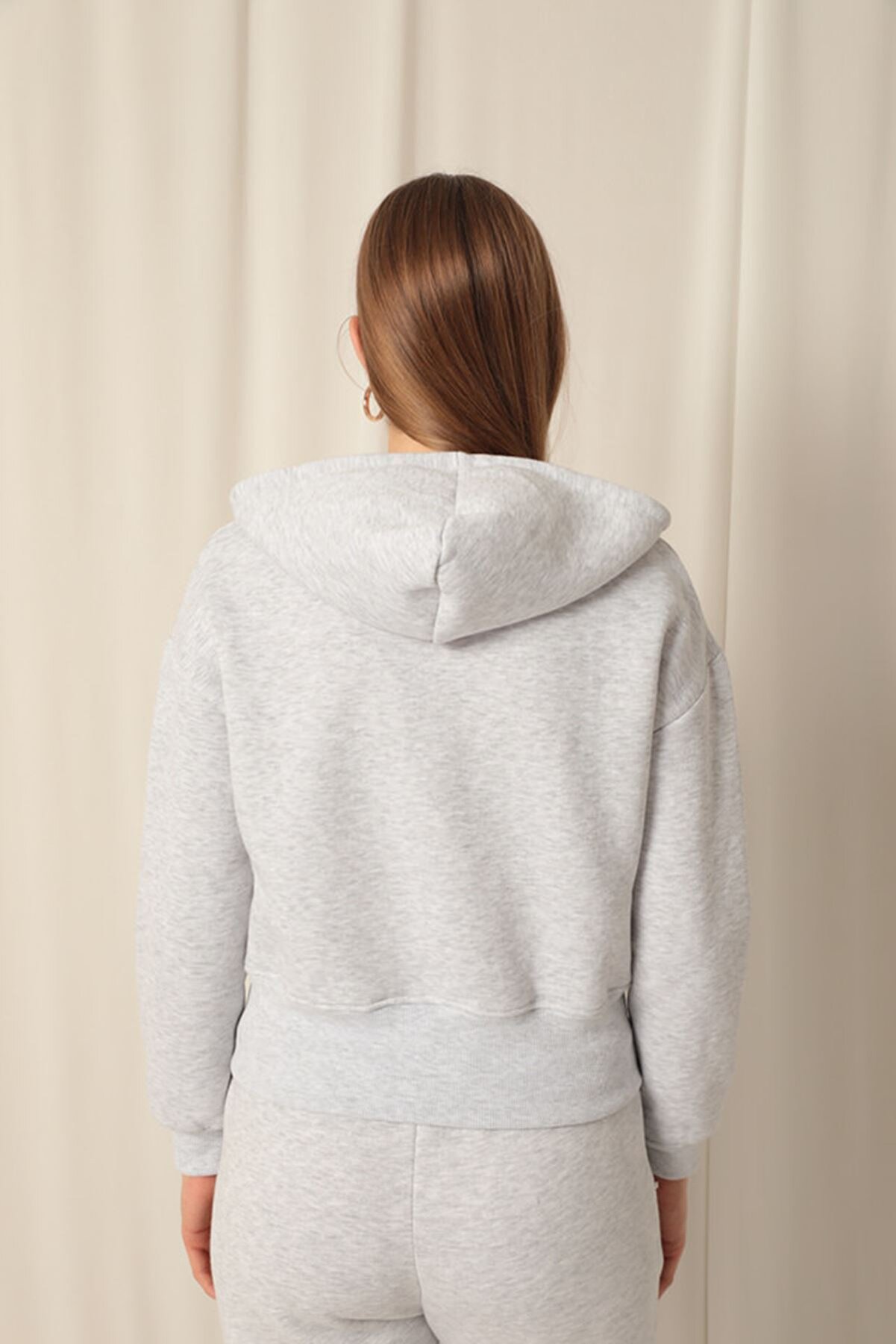 Keops &Uuml;&ccedil; İpli̇k Fermuarlı Kap&uuml;şonlu Kısa A&ccedil;ık Gri̇ Sweat