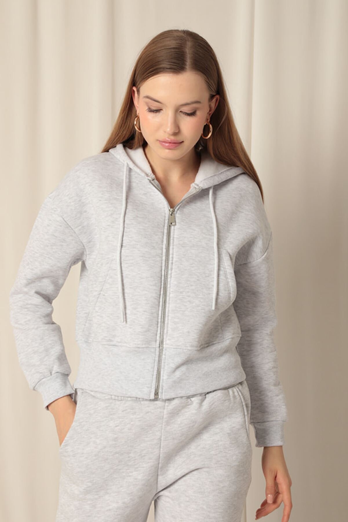 Keops &Uuml;&ccedil; İpli̇k Fermuarlı Kap&uuml;şonlu Kısa A&ccedil;ık Gri̇ Sweat