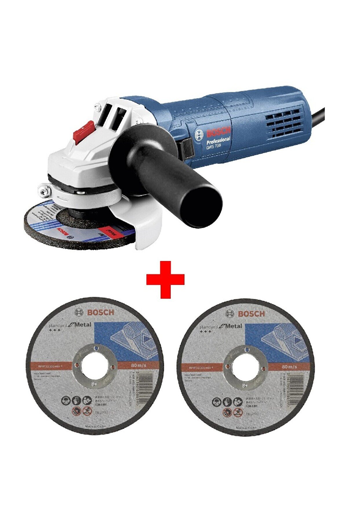 Bosch Avuç Taşlama Makinesi Gws 750 115MM Spiral + 2 Adet 115MM x 2.5mm Düz Metal Kesme Diski