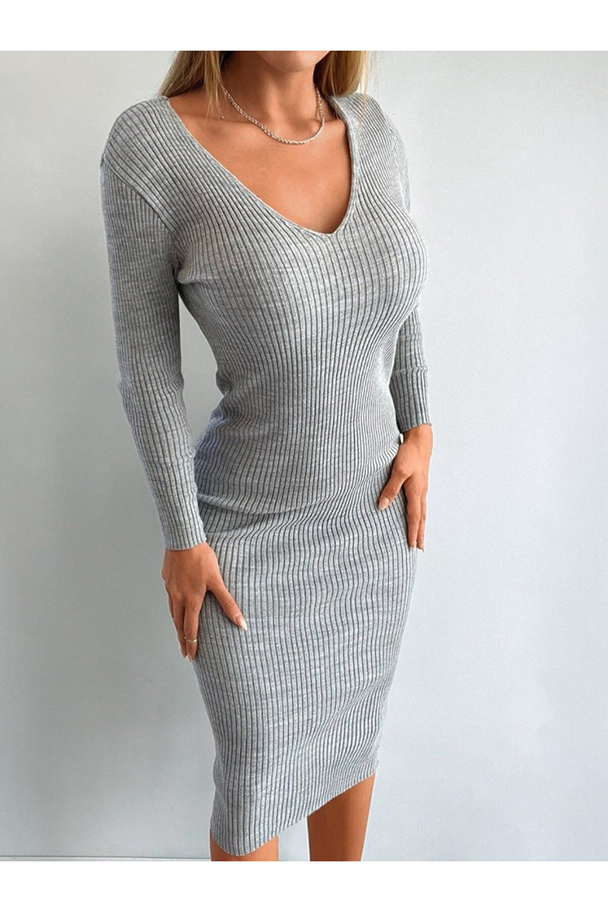 Mht Store Kadın Uzun Kollu V Yaka Tri̇ko Elbi̇se