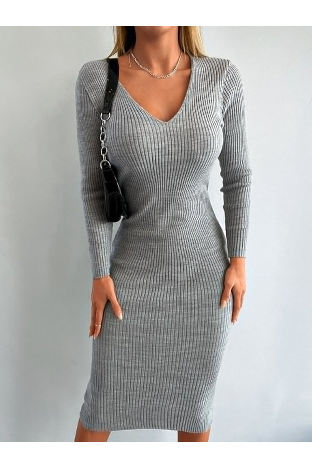Mht Store Kadın Uzun Kollu V Yaka Tri̇ko Elbi̇se