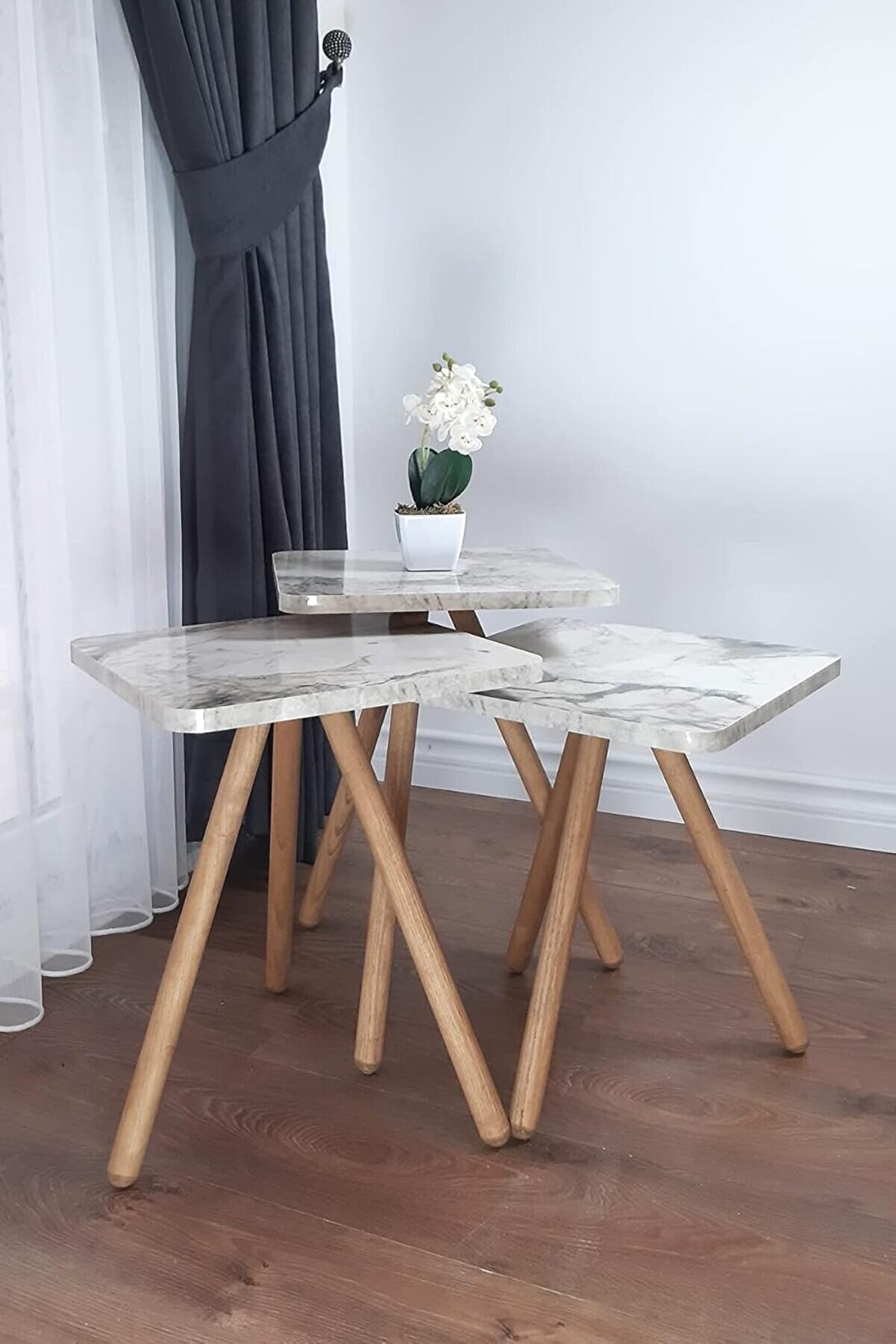 STOREMAX Sbl Zigon Sehpa Ahşap Ayaklı Kare Mermer Desenli Tasarım (Beyaz Mermer)