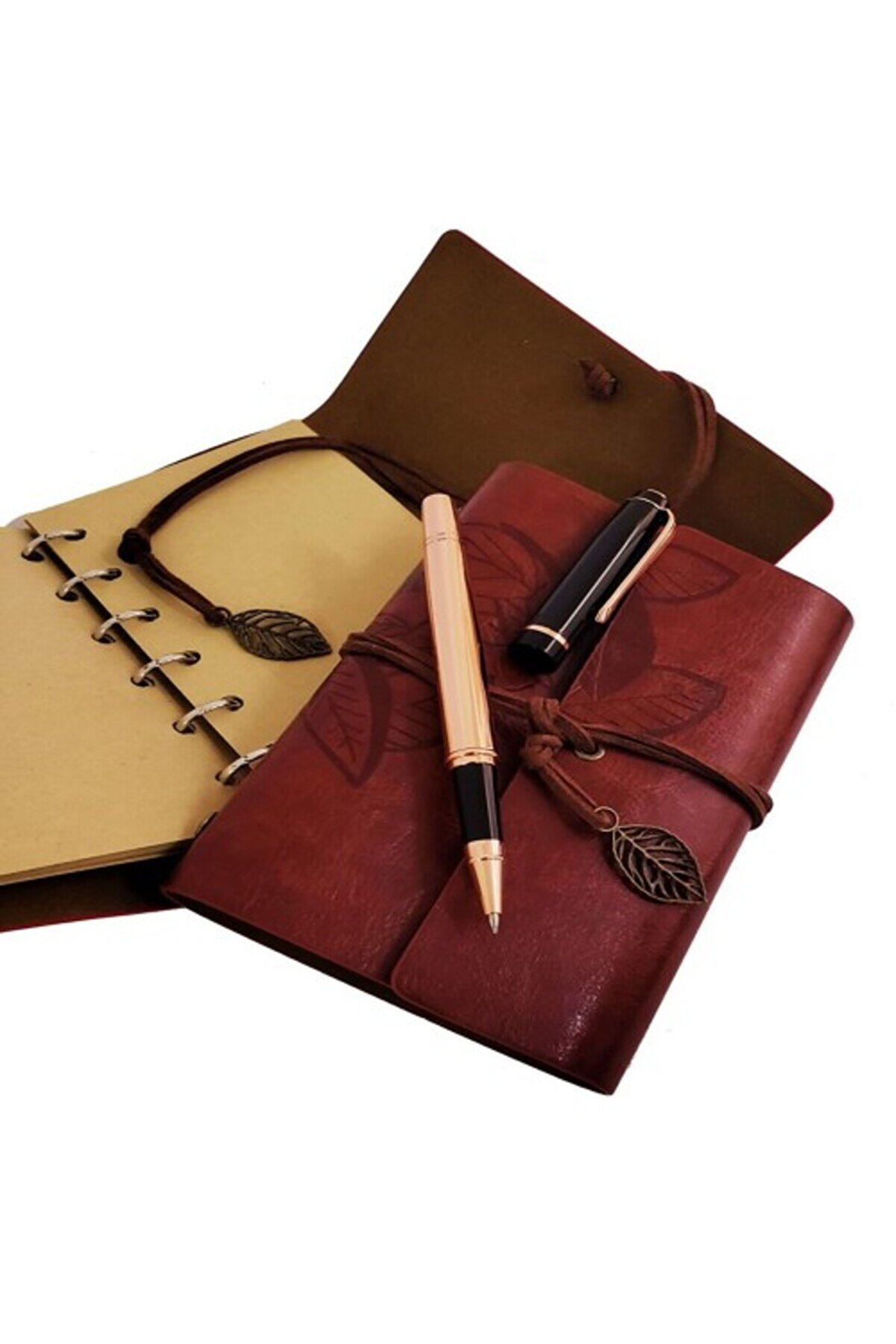 Özel Ahşap Kutulu Kahve Deri̇ Defter Ve Bakır Roller Kalem Set