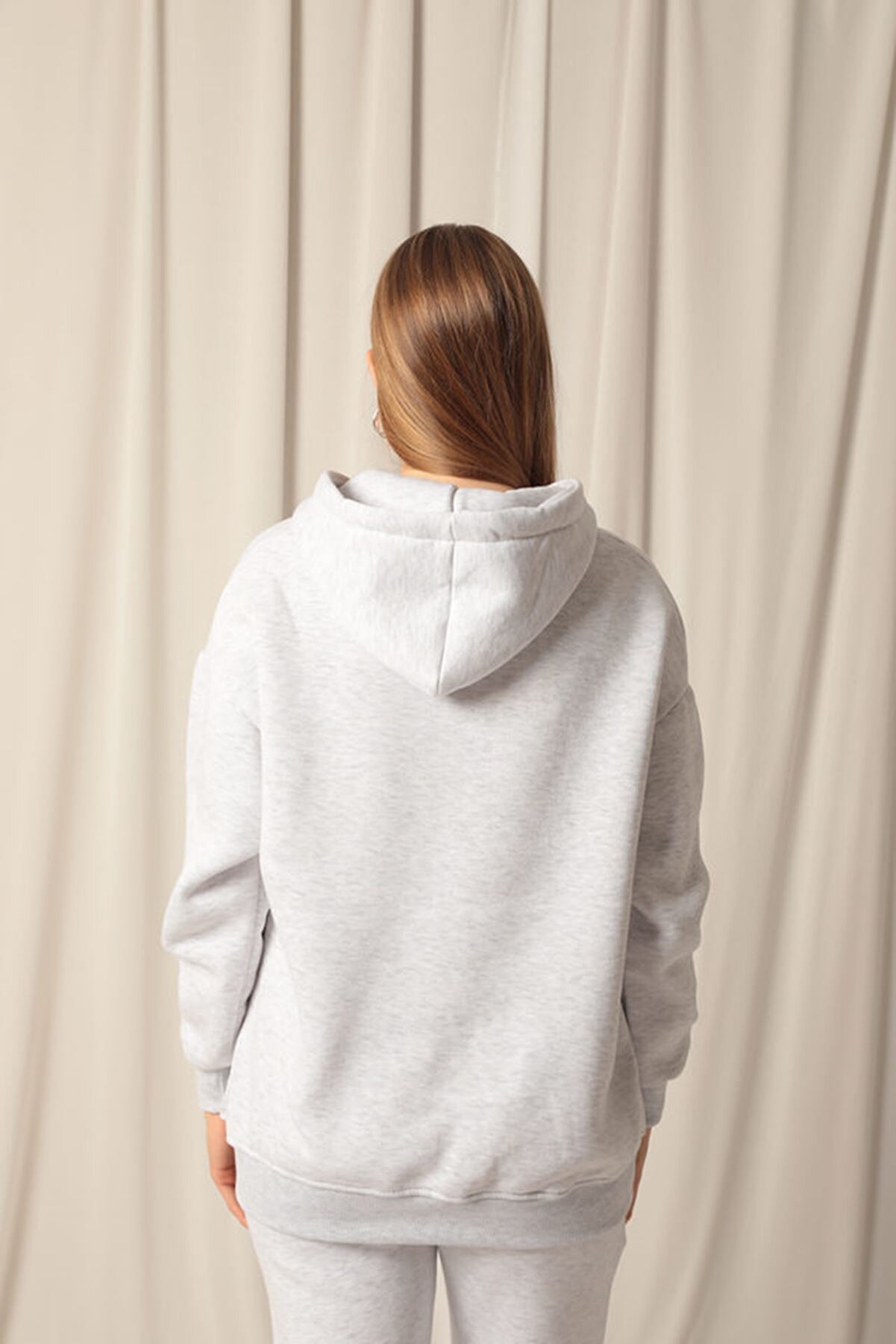 Znd Fashi̇on &Uuml;&ccedil; İpli̇k Kanguru Cep Fermuarlı Kap&uuml;şonlu Kadın Gri̇ Sweat
