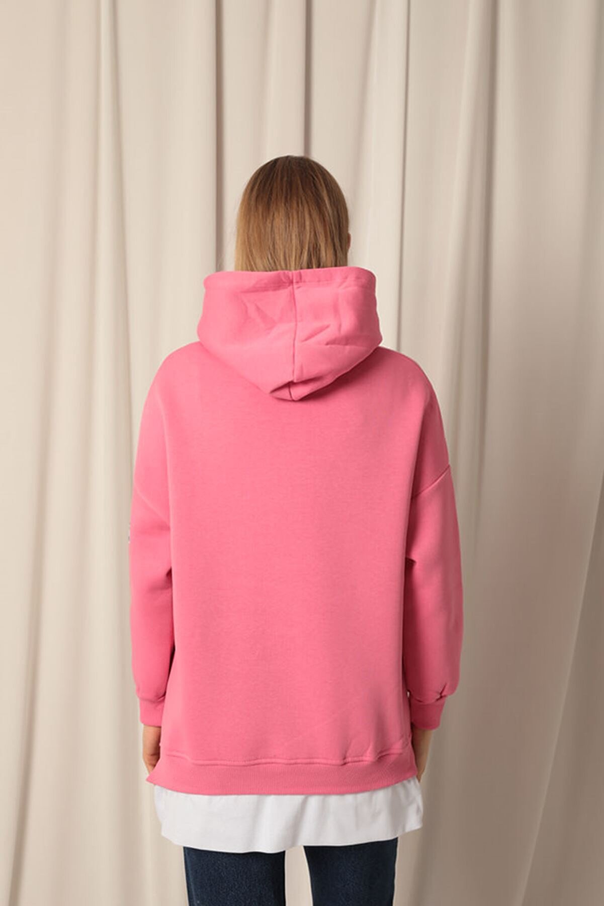 Znd Fashi̇on &Uuml;&ccedil; İpli̇k Arma Detay Eteği̇ Garni̇li̇ Kap&uuml;şonlu Kadın Pembe Sweat