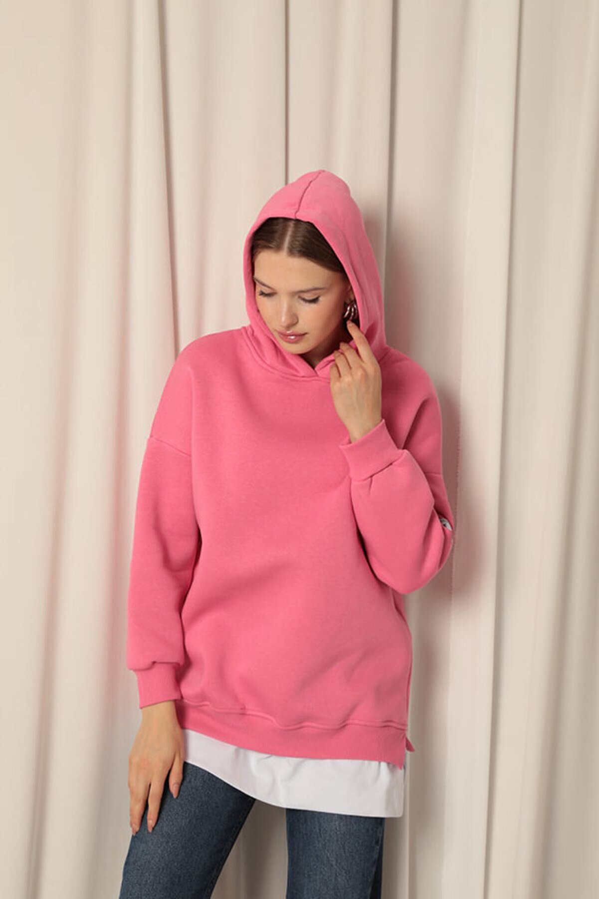 Znd Fashi̇on &Uuml;&ccedil; İpli̇k Arma Detay Eteği̇ Garni̇li̇ Kap&uuml;şonlu Kadın Pembe Sweat