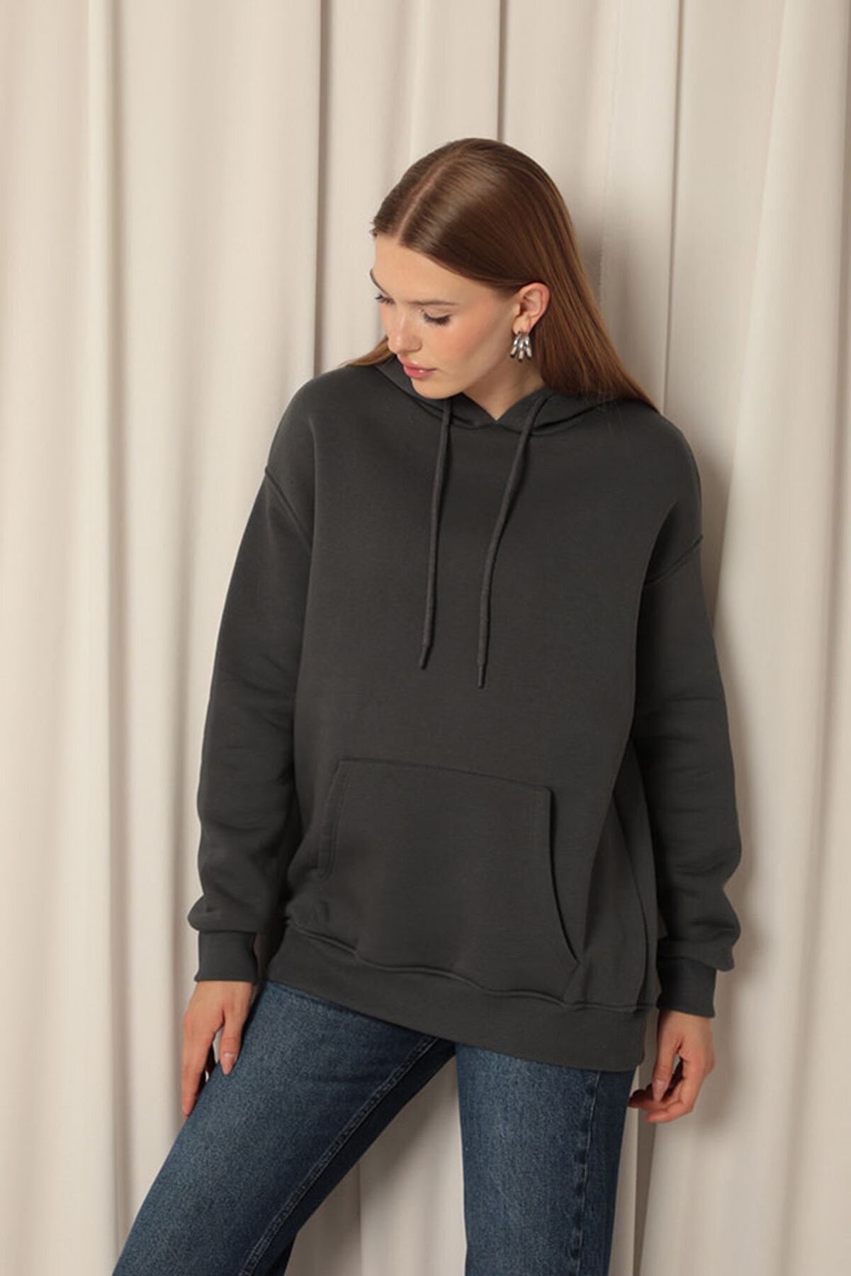 Znd Fashi̇on Gıronda &Uuml;&ccedil; İpli̇k Kanguru Cep Kap&uuml;şonlu Kadın Antrasi̇t Sweat