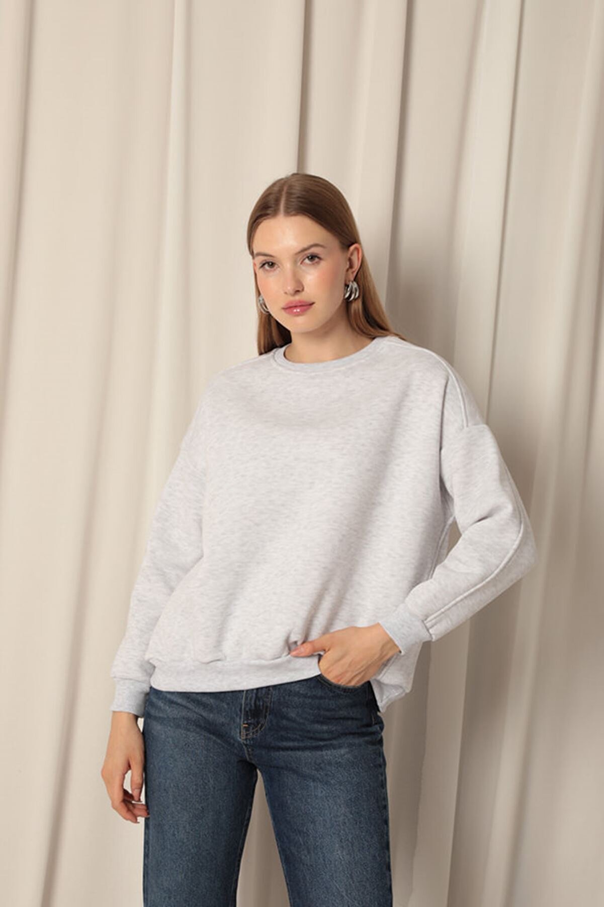 Znd Fashi̇on &Uuml;&ccedil; İpli̇k Sıfır Yaka &Ccedil;i̇malı Kadın Gri̇ Sweat