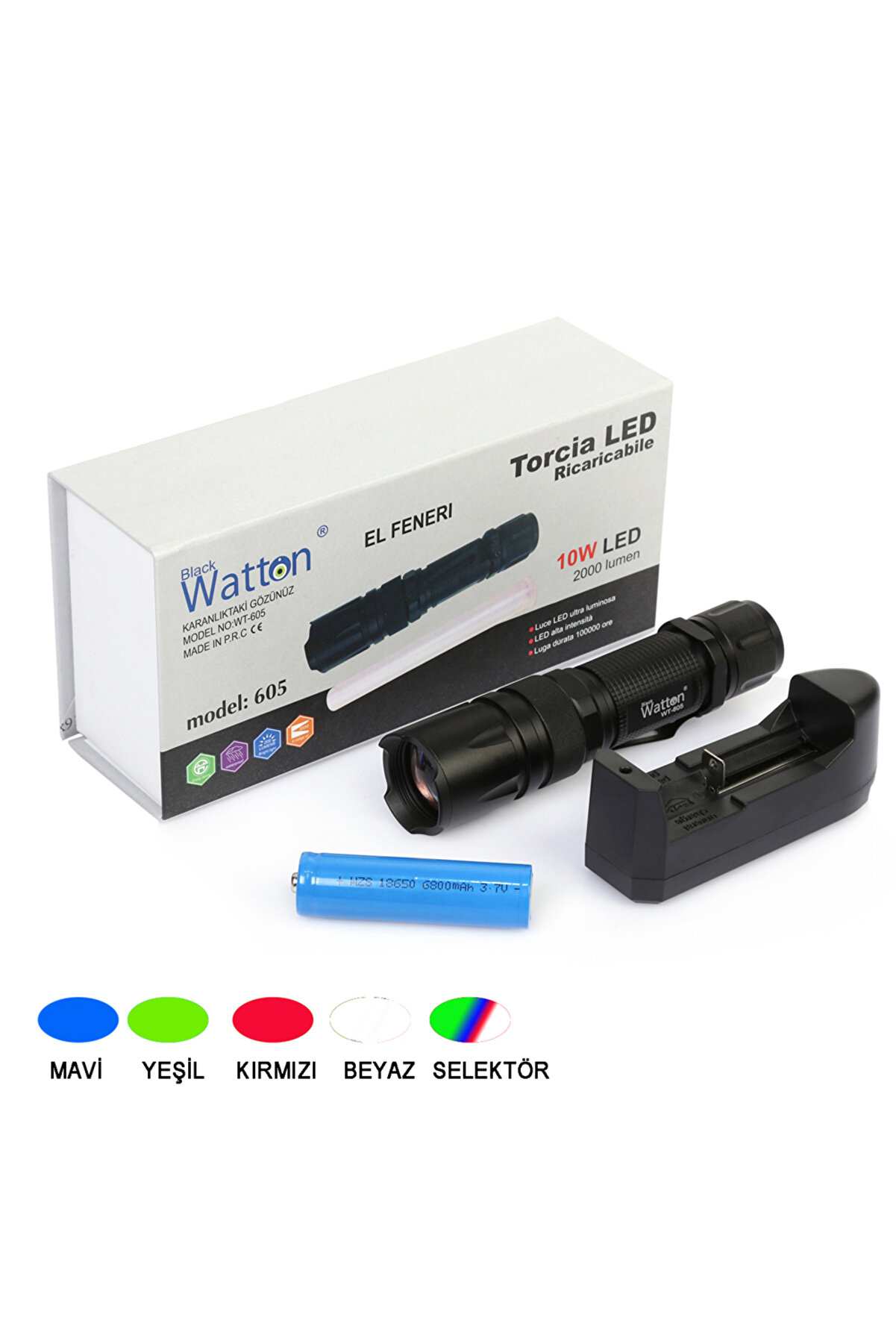 evimdeyokyok 10W 2000 Lümen 4 Renk Güçlü EL Feneri Watton Wt-605 TdrTR