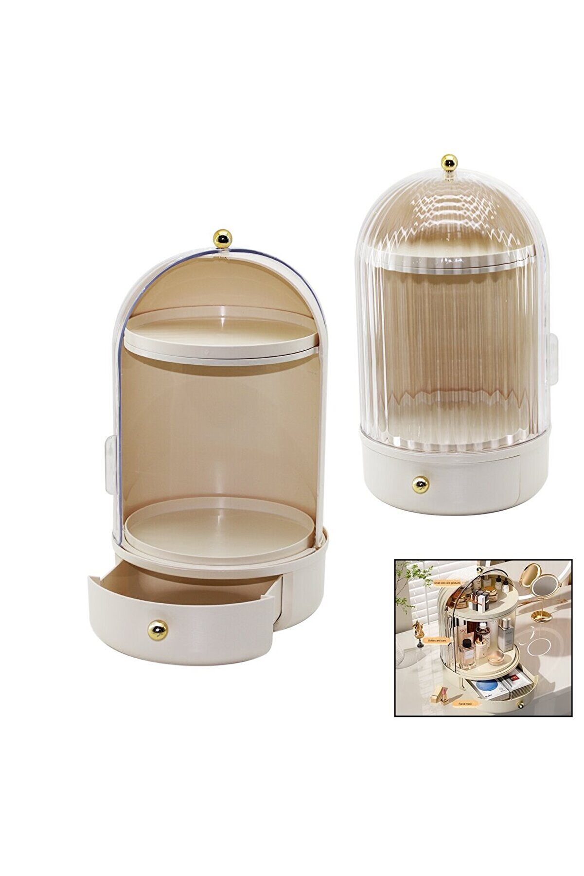 Go İthalat Vi̇tri̇n 360&deg;&Ccedil;21 -Y38Cmkozmeti̇k Organi̇zer Şeffaf Kapak- D&ouml;ner Raf&ccedil;ekmece+2 Kat