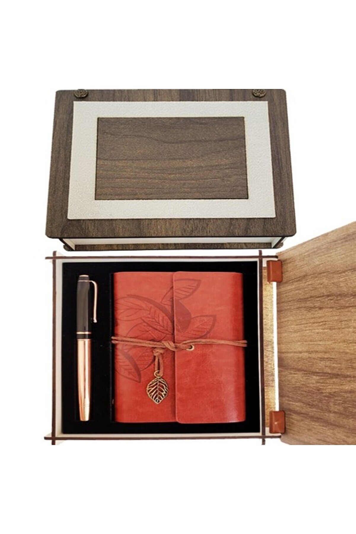 evimdeyokyok Özel Ahşap Kutulu Kahve Deri Defter ve Bakır Roller Kalem Set