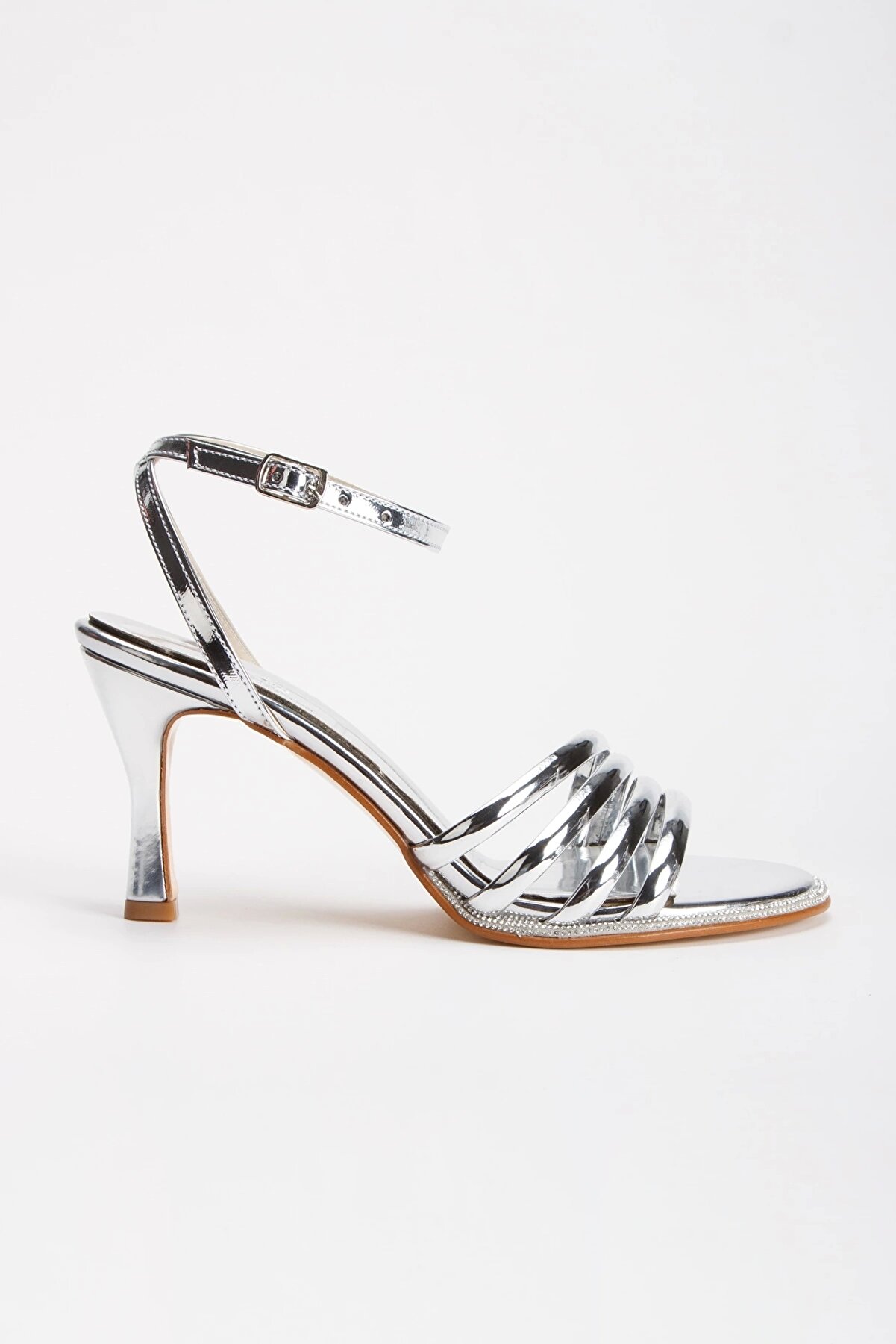 Gult Kadın Taşlı İnce Topuklu Abi̇ye Ayakkabı Gümüş Ayna