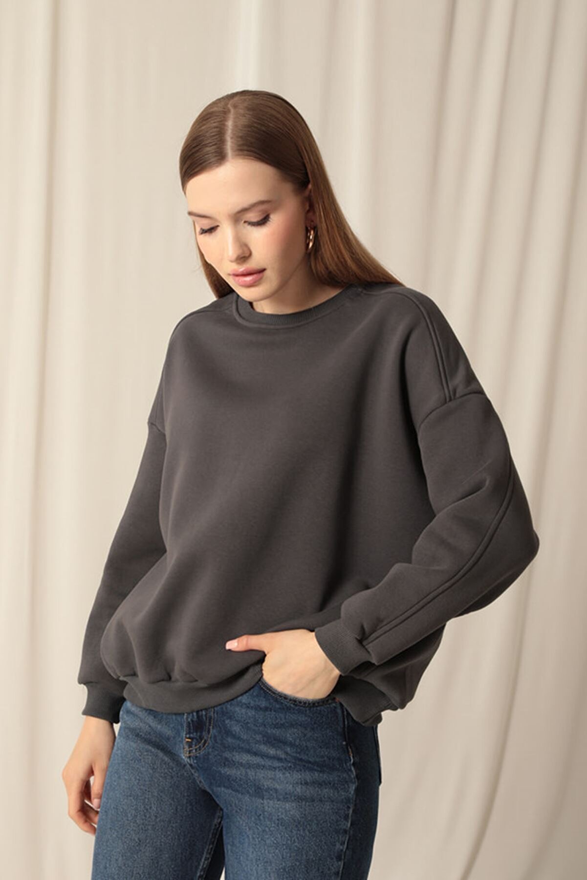 Znd Fashi̇on Max12442 - &Uuml;&ccedil; İpli̇k Sıfır Yaka &Ccedil;i̇malı Kadın Antrasi̇t Sweat