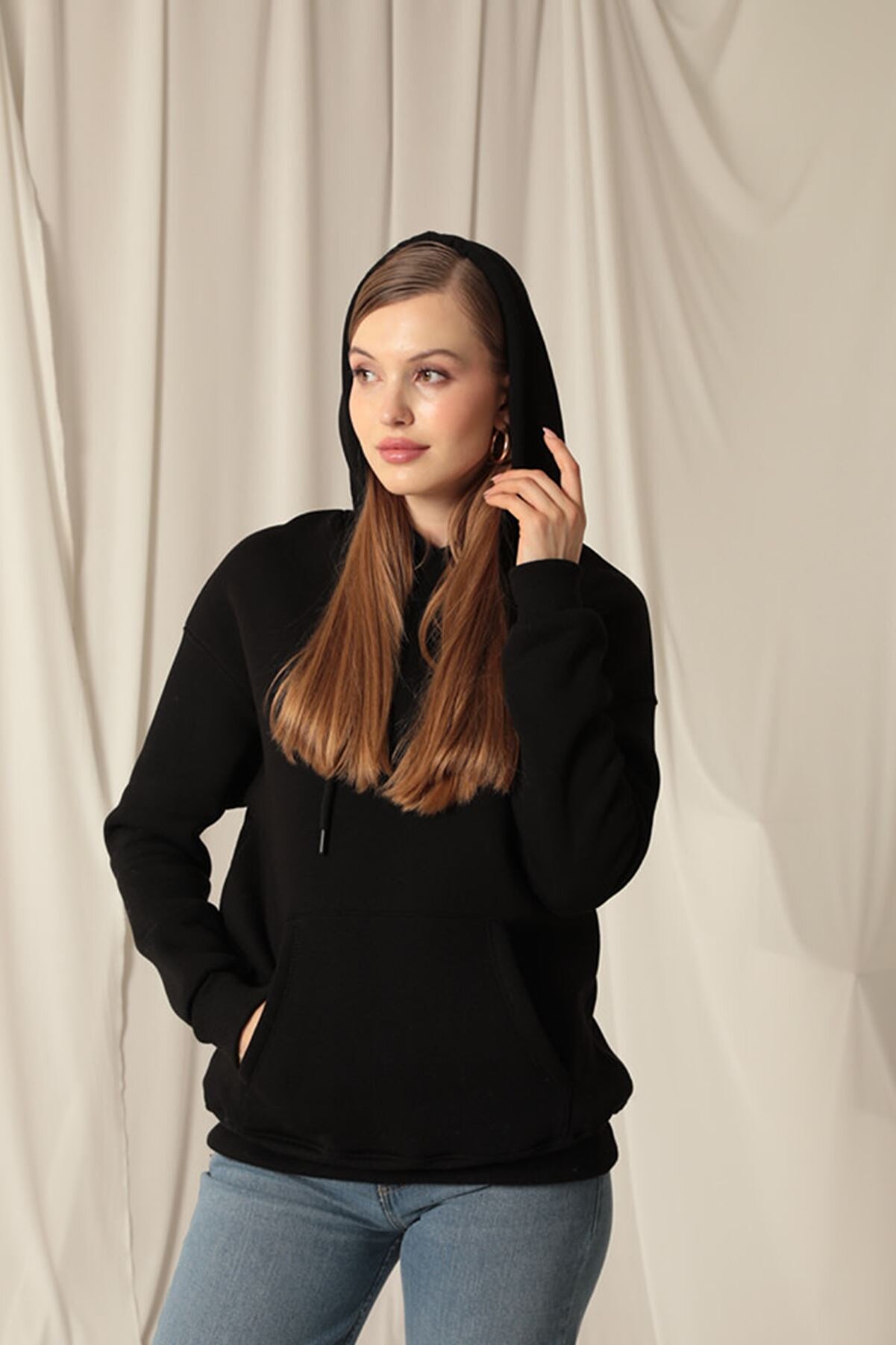 Znd Fashi̇on &Uuml;&ccedil; İpli̇k Kanguru Cep Kap&uuml;şonlu Kadın Si̇yah Sweat