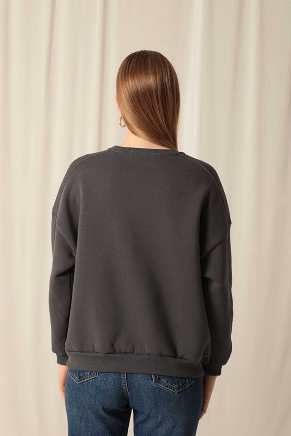 Znd Fashi̇on Max12442 - &Uuml;&ccedil; İpli̇k Sıfır Yaka &Ccedil;i̇malı Kadın Antrasi̇t Sweat