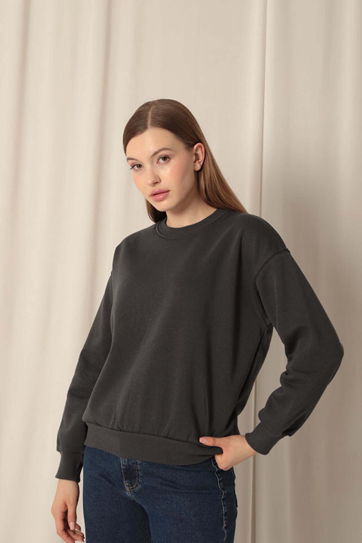 Znd Fashi̇on &Uuml;&ccedil; İpli̇k Kumaş Basıc Kadın Antrasi̇t Sweat