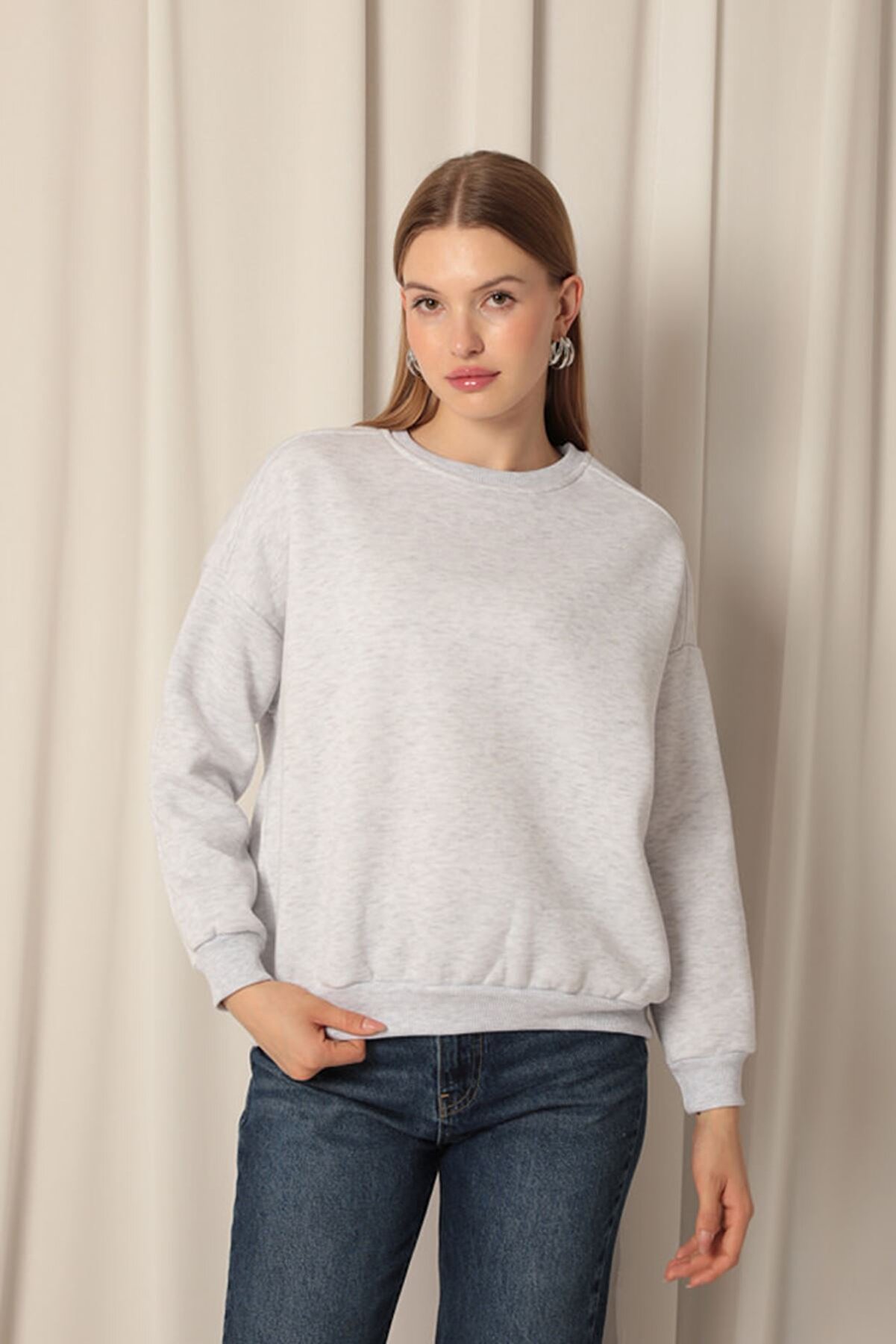 Znd Fashi̇on &Uuml;&ccedil; İpli̇k Sıfır Yaka &Ccedil;i̇malı Kadın Gri̇ Sweat