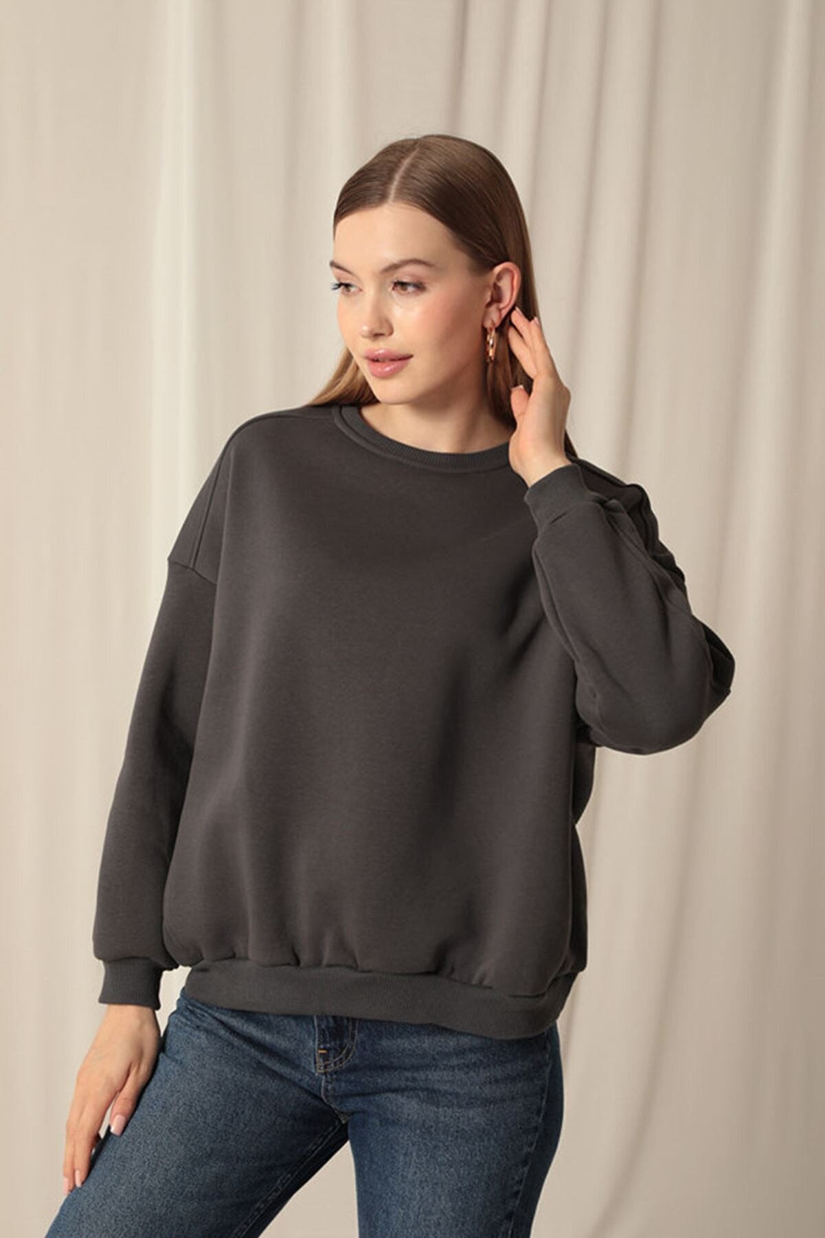 Znd Fashi̇on Max12442 - &Uuml;&ccedil; İpli̇k Sıfır Yaka &Ccedil;i̇malı Kadın Antrasi̇t Sweat