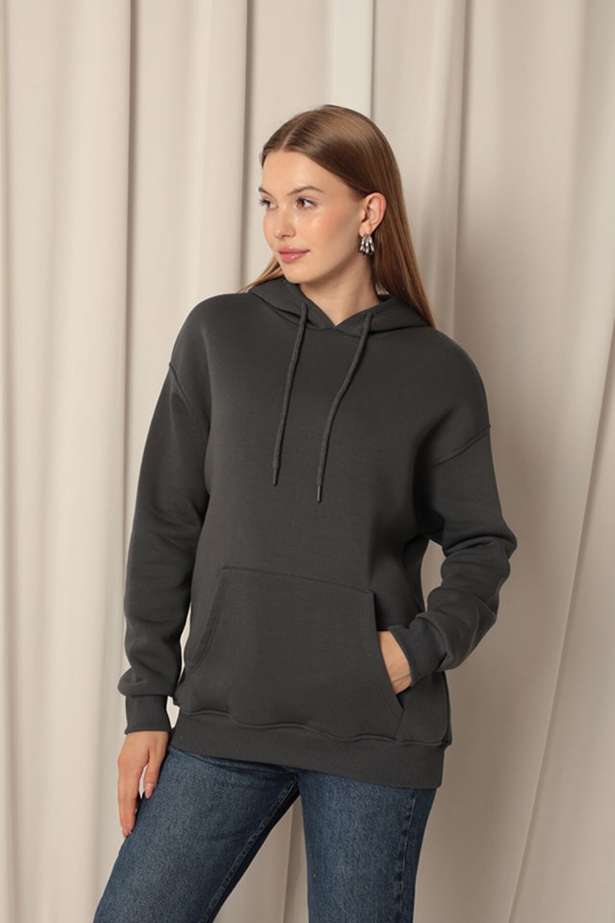 Znd Fashi̇on Gıronda &Uuml;&ccedil; İpli̇k Kanguru Cep Kap&uuml;şonlu Kadın Antrasi̇t Sweat