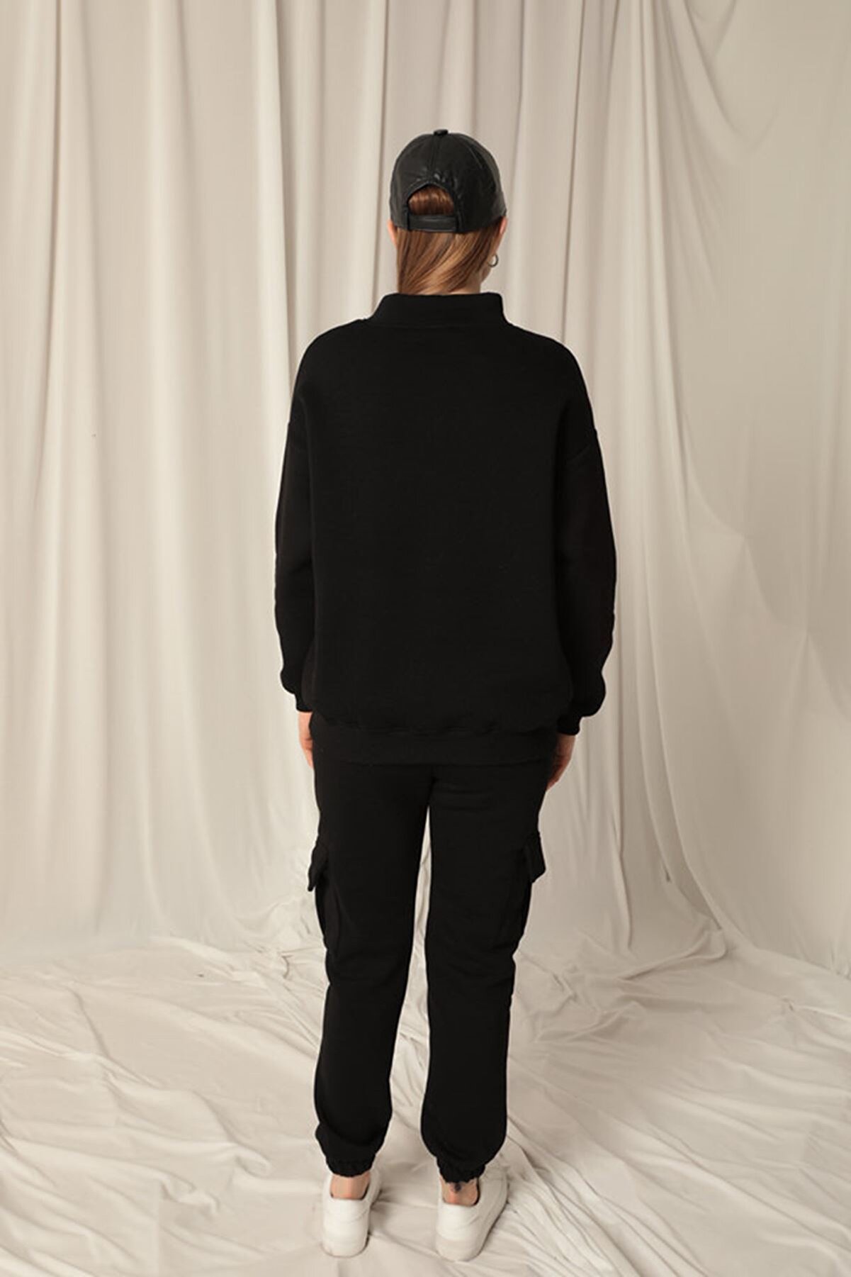 Znd Fashi̇on &Uuml;&ccedil; İpli̇k Di̇k Yaka Yarım Fermuarlı Kadın Si̇yah Sweat