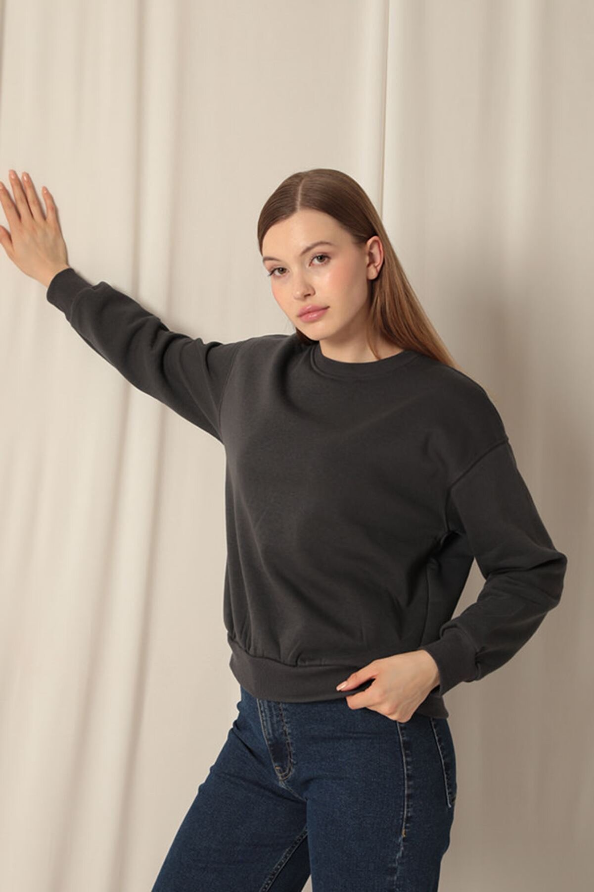 Znd Fashi̇on &Uuml;&ccedil; İpli̇k Kumaş Basıc Kadın Antrasi̇t Sweat