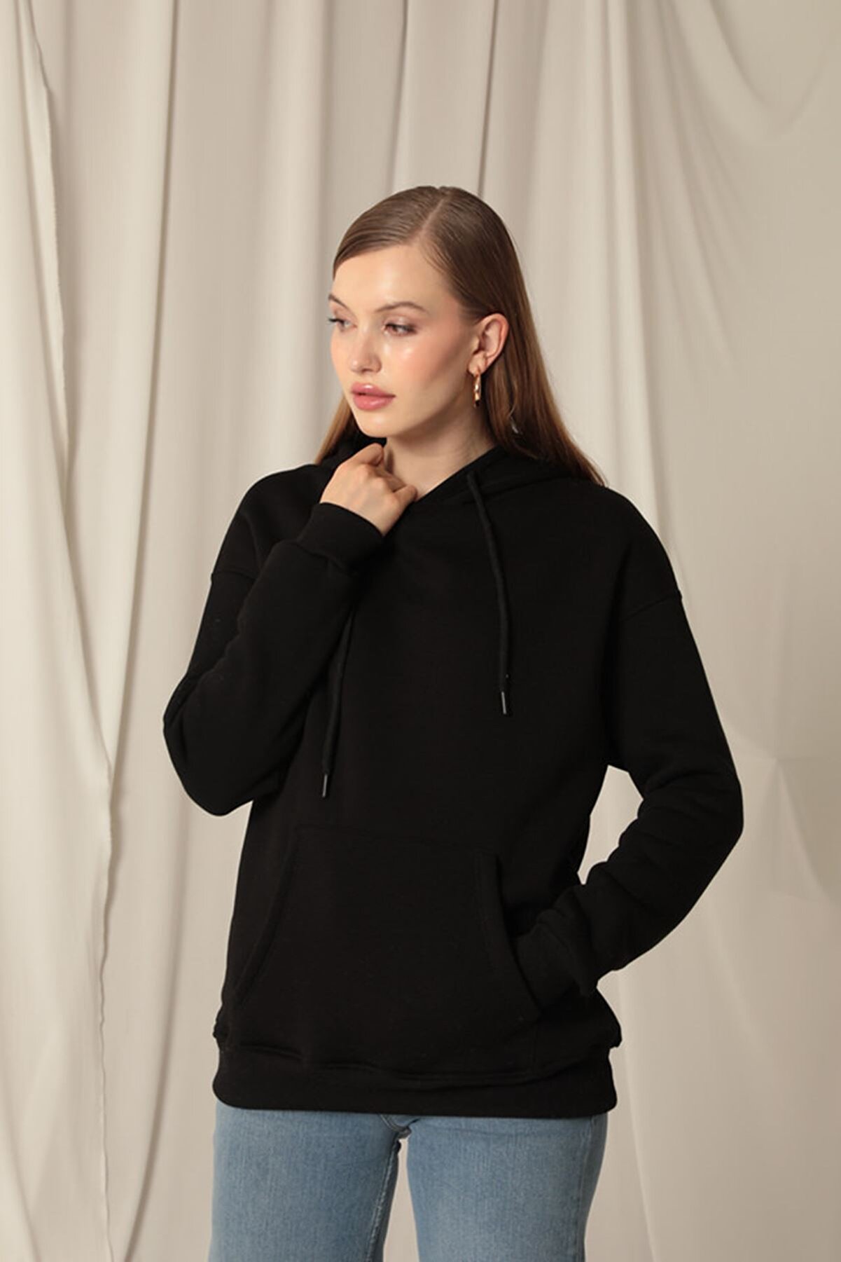 Znd Fashi̇on &Uuml;&ccedil; İpli̇k Kanguru Cep Kap&uuml;şonlu Kadın Si̇yah Sweat