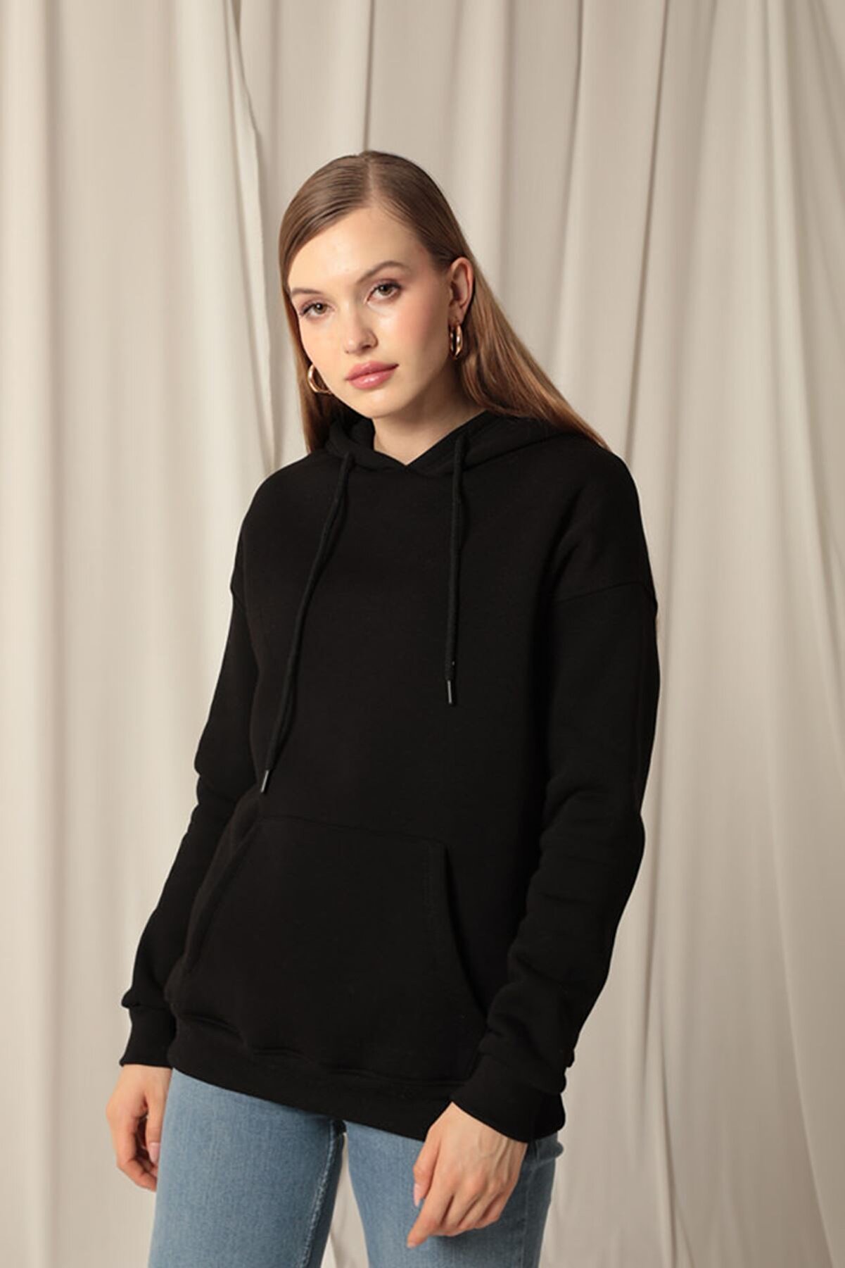 Znd Fashi̇on &Uuml;&ccedil; İpli̇k Kanguru Cep Kap&uuml;şonlu Kadın Si̇yah Sweat