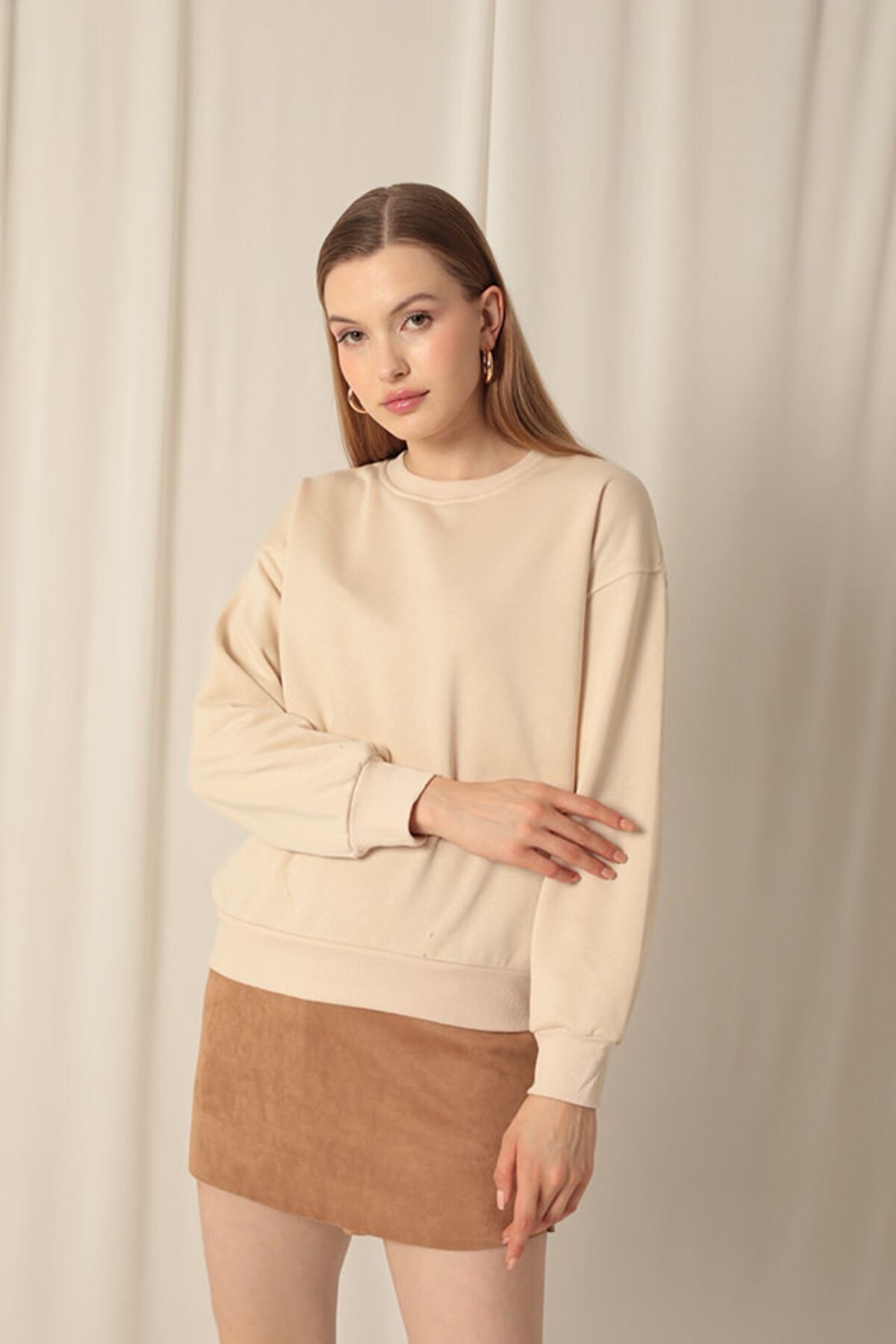 Znd Fashi̇on &Uuml;&ccedil; İpli̇k Kumaş Basıc Kadın Taş Sweat