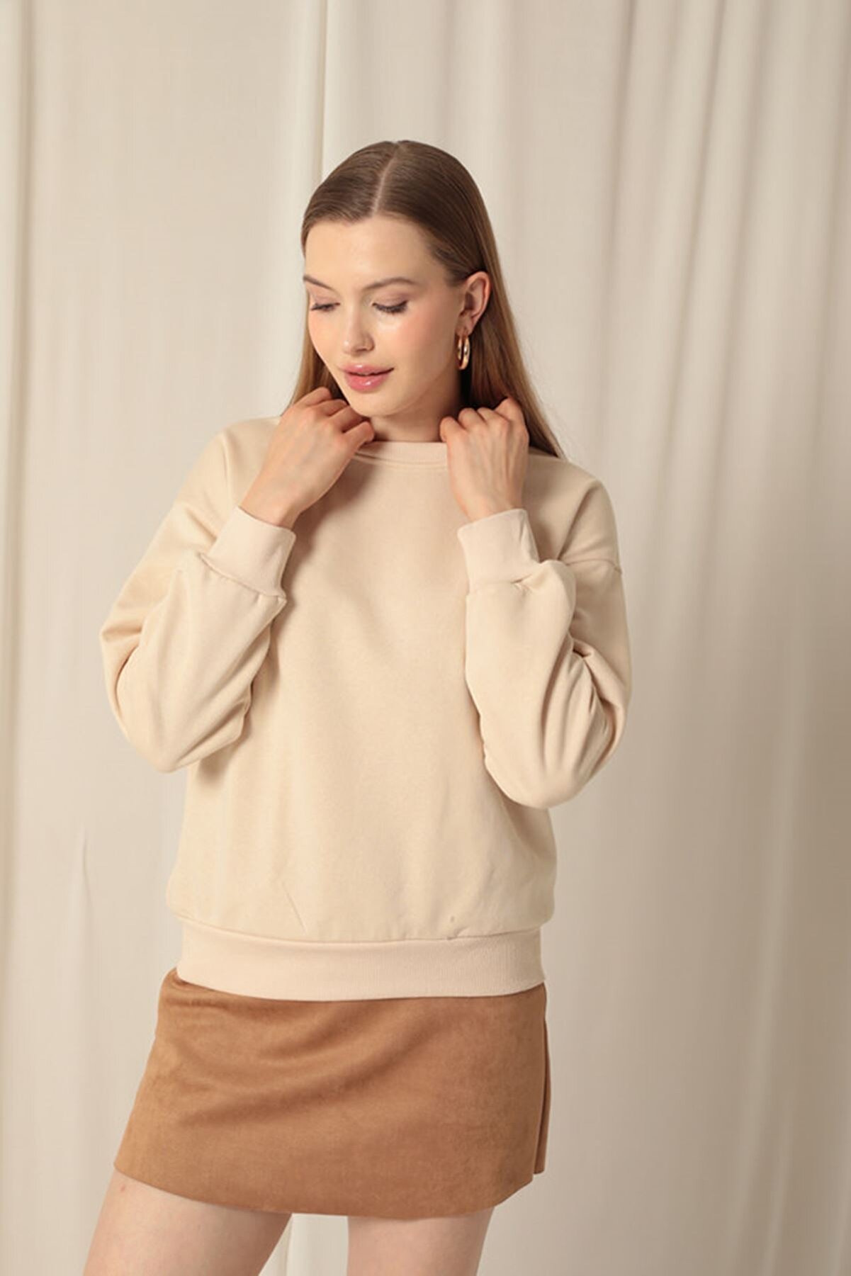 Znd Fashi̇on &Uuml;&ccedil; İpli̇k Kumaş Basıc Kadın Taş Sweat