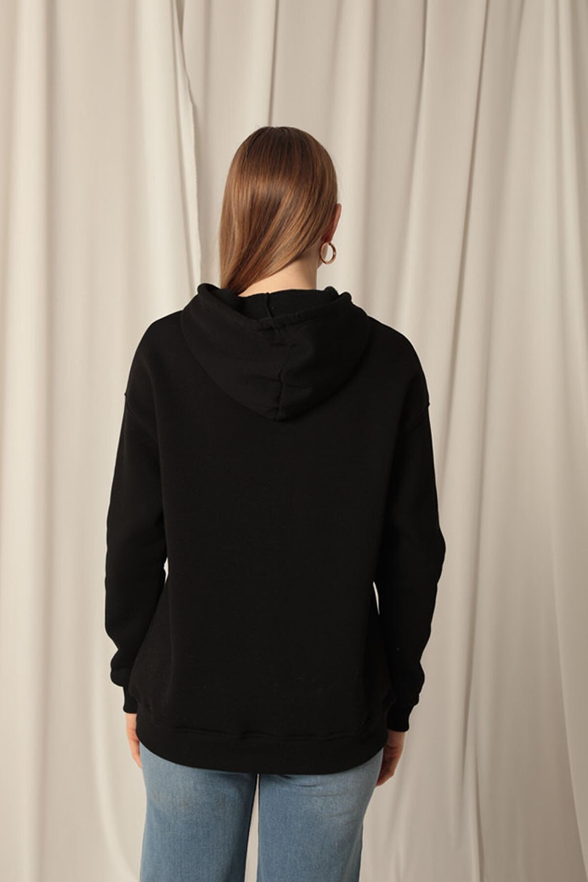 Znd Fashi̇on &Uuml;&ccedil; İpli̇k Kanguru Cep Kap&uuml;şonlu Kadın Si̇yah Sweat